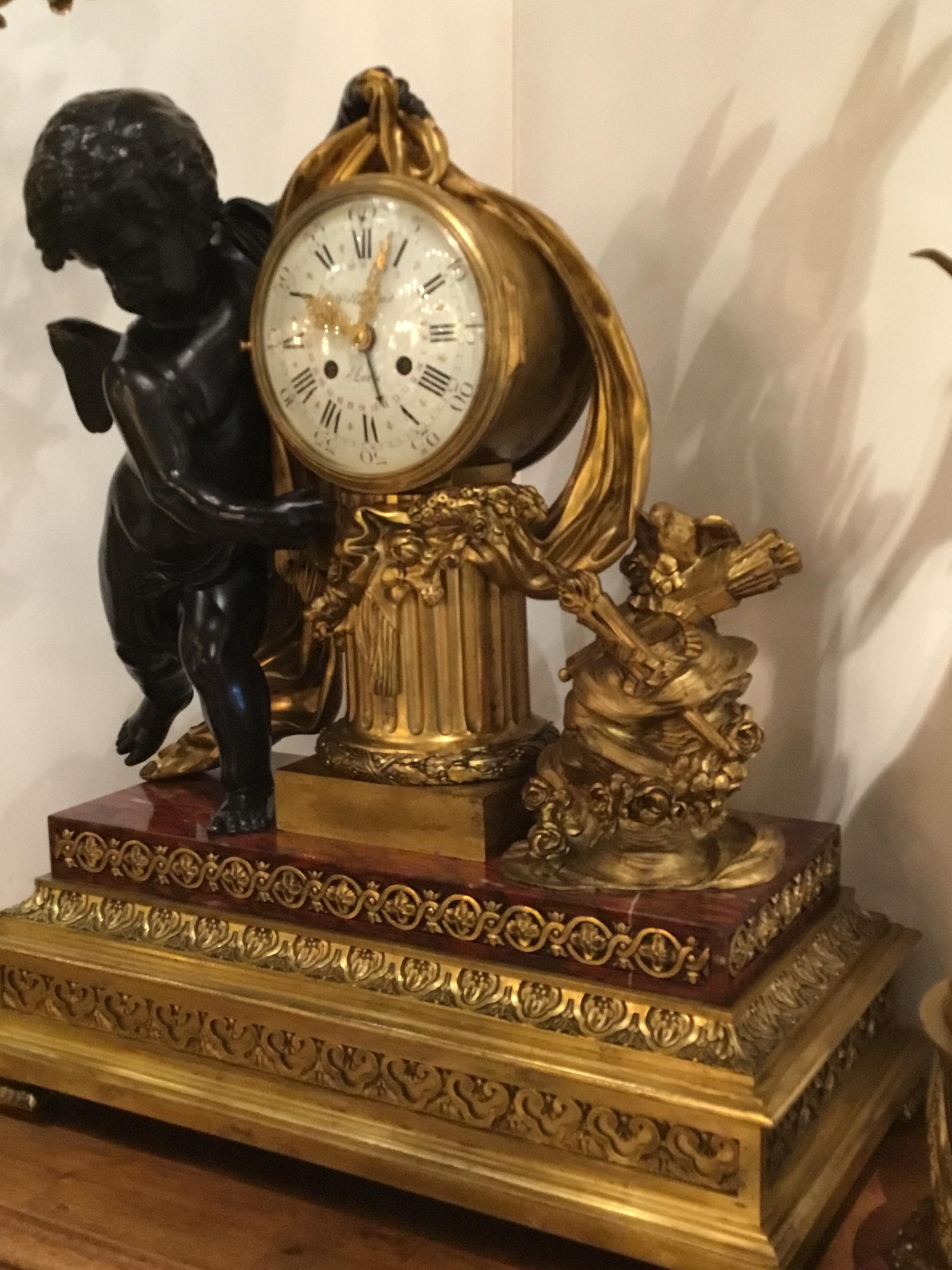 Bronze Doré and Rouge Marble Clock Garniture Set by Ferdinand Berthoud For Sale 2
