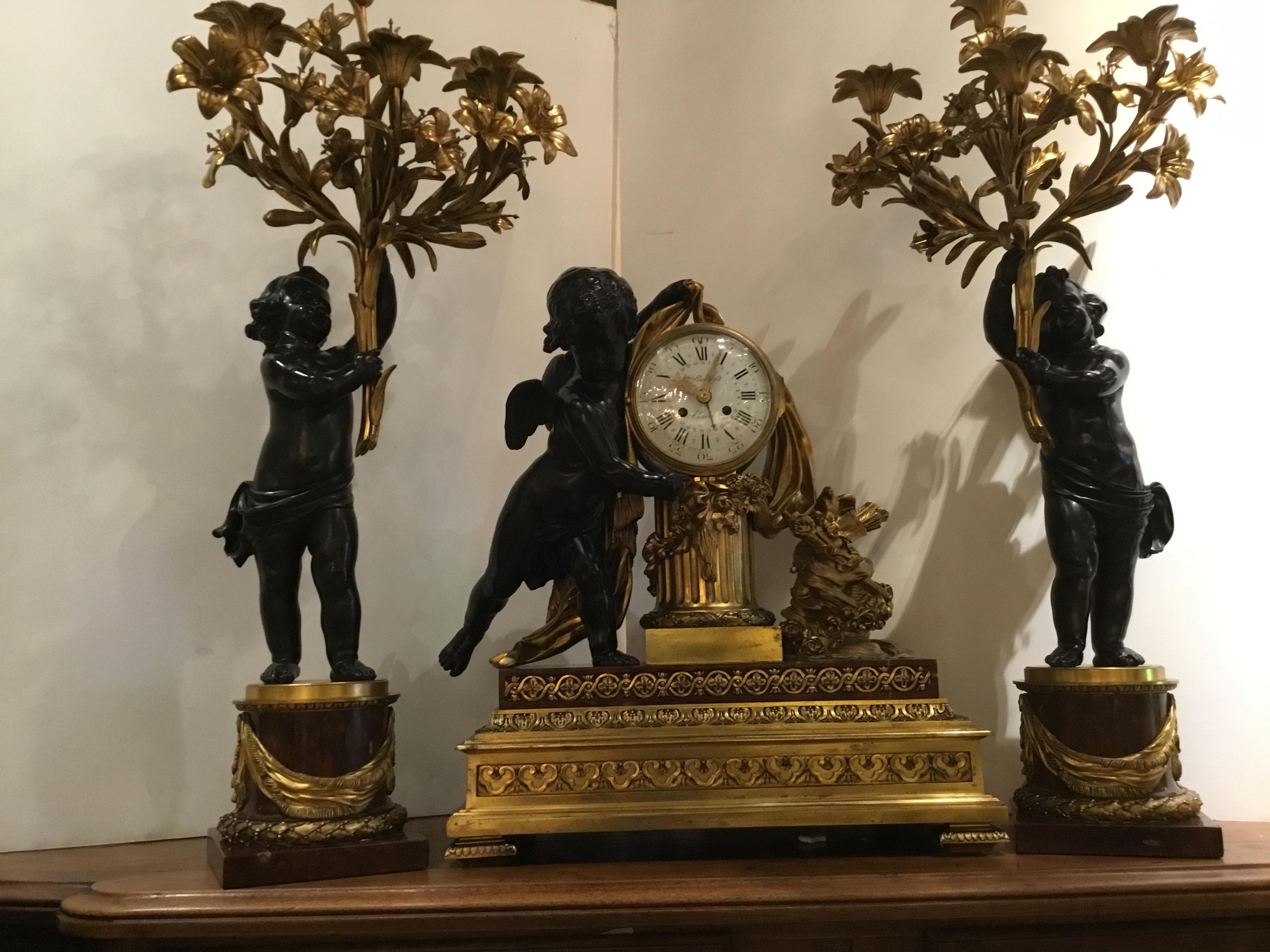 Bronze Doré and Rouge Marble Clock Garniture Set by Ferdinand Berthoud For Sale 3