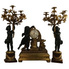 Antique Bronze Doré and Rouge Marble Clock Garniture Set by Ferdinand Berthoud