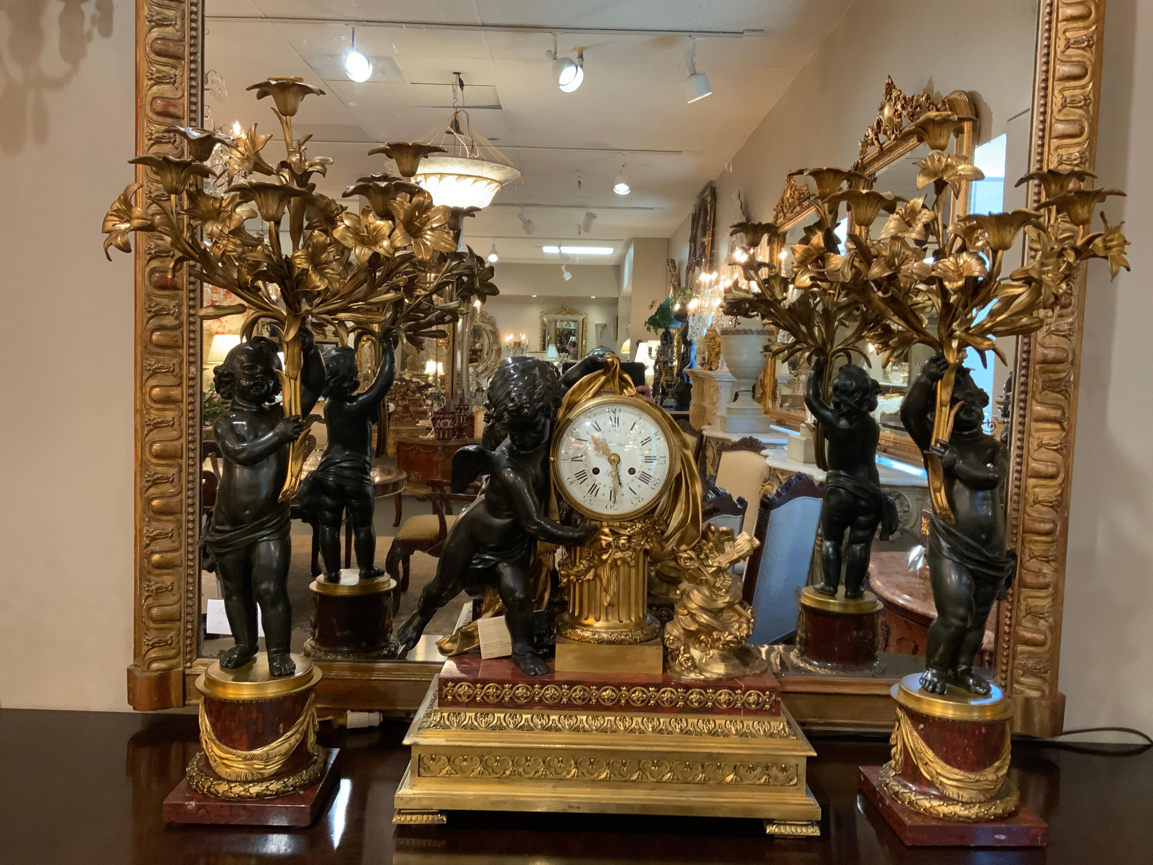 Bronze Doré and Rouge Marble Clock Garniture Set by Ferdinand Berthoud For Sale