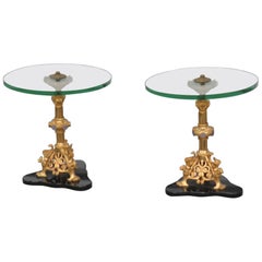 Bronze Dore' Dragons French Regency Glass Top End Occassional Tables C1940s