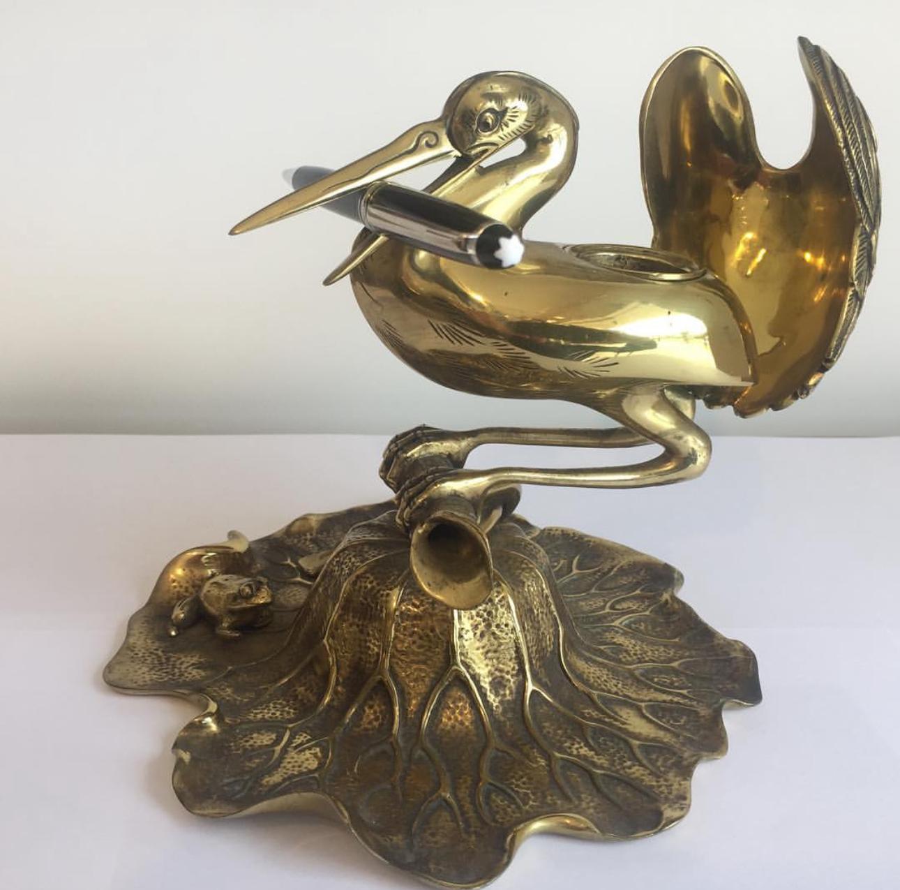 Pájaro tintero de bronce dorado Art Decó en venta