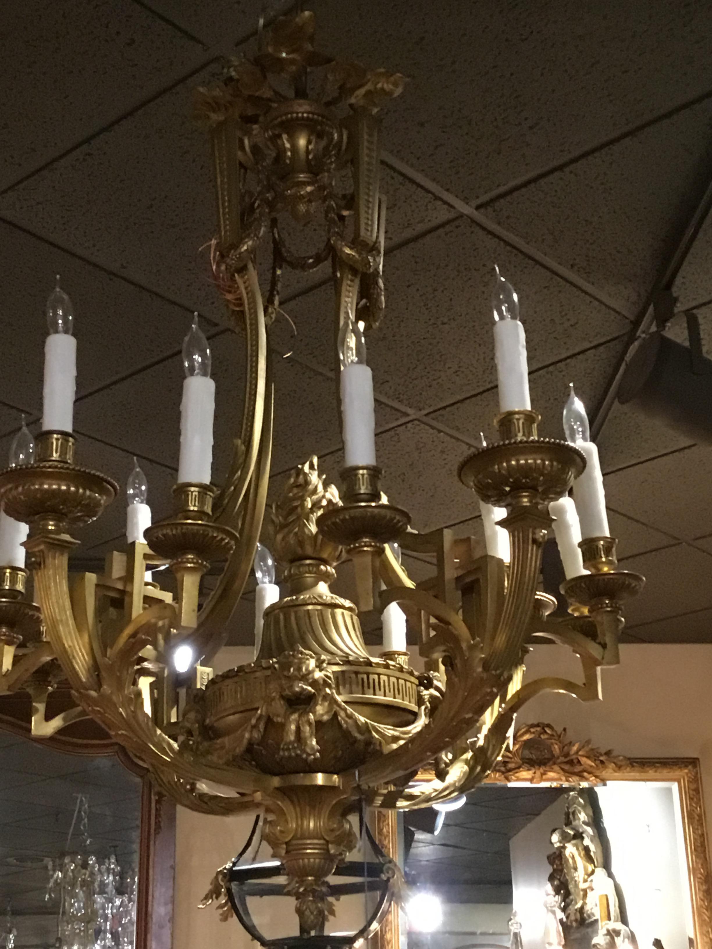 French Bronze Dore Louis XVI Style 10-Light Chandelier, Early 20th Century For Sale