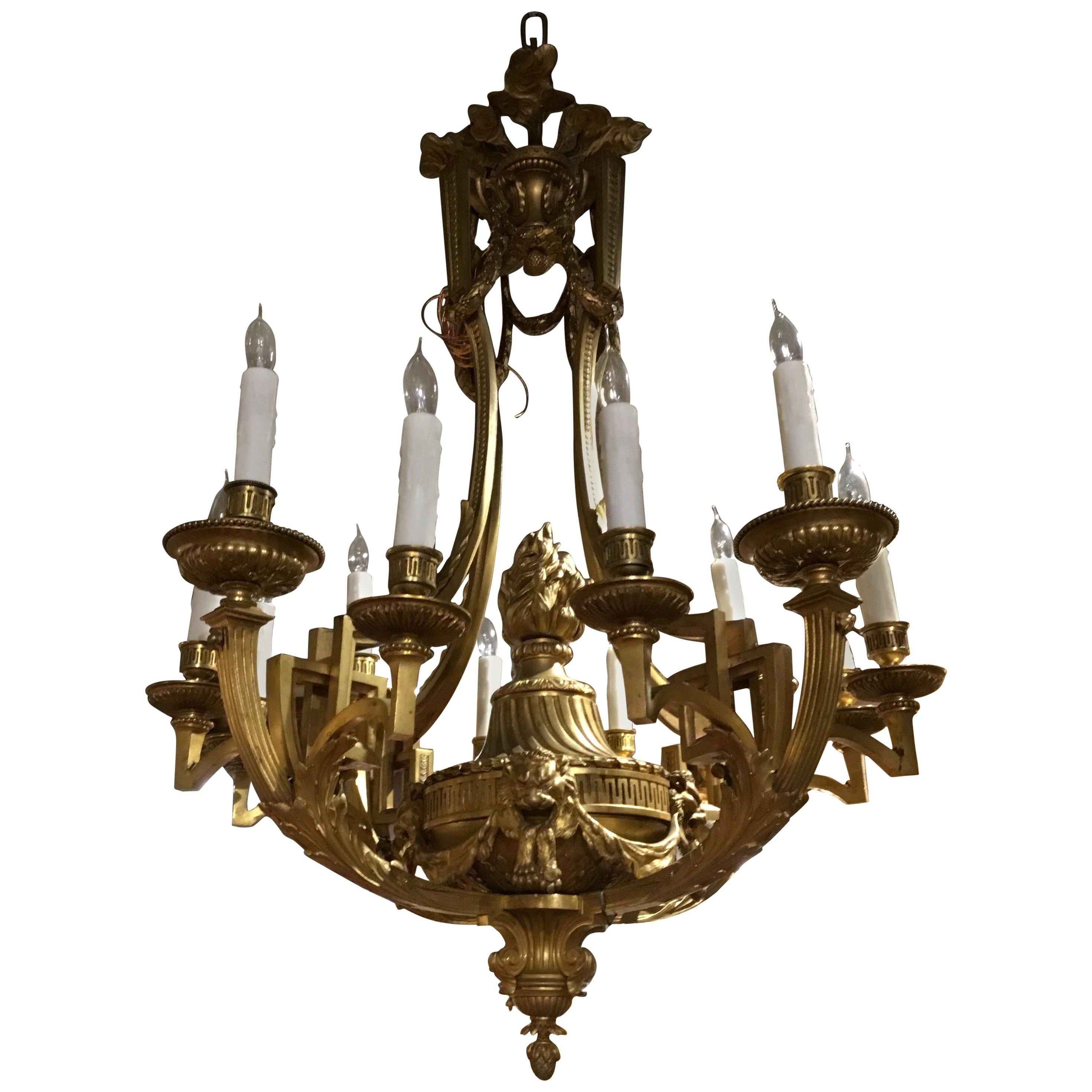 Bronze Dore Louis XVI Style 10-Light Chandelier, Early 20th Century