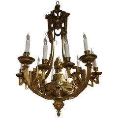 Antique Bronze Dore Louis XVI Style 10-Light Chandelier, Early 20th Century
