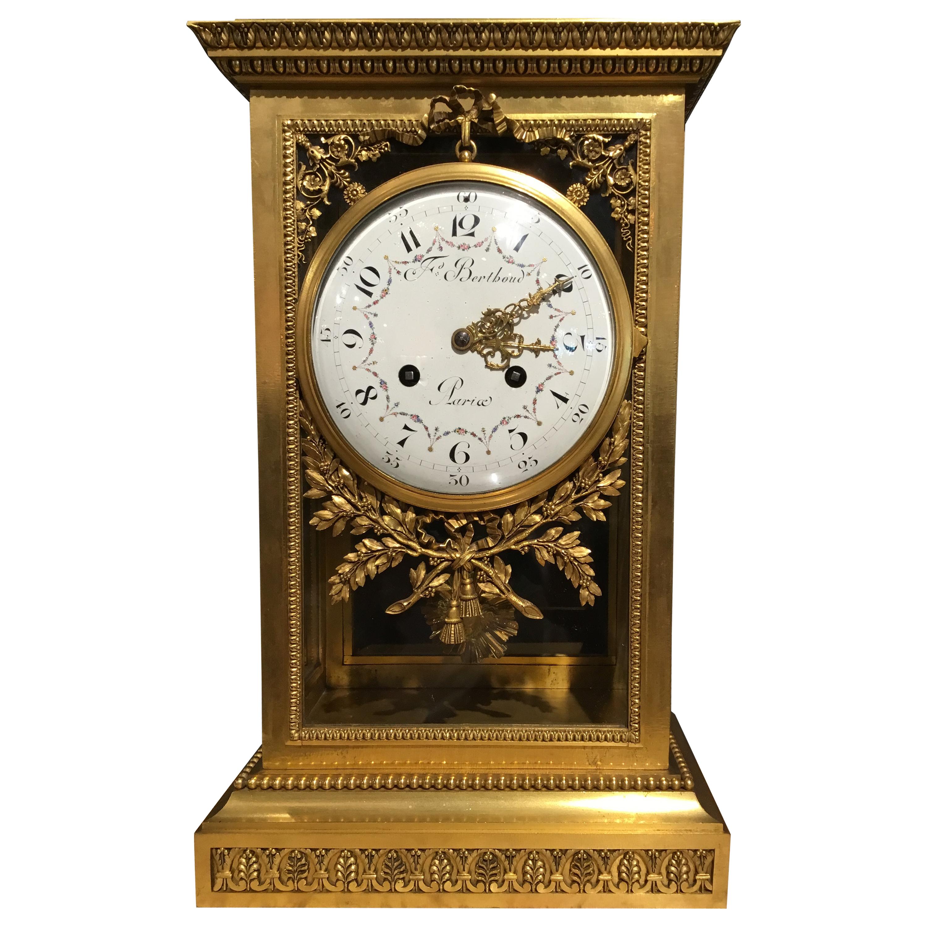 Bronze Dore Mantel Clock, 19th Century by F. Berthoud with Open Escapement