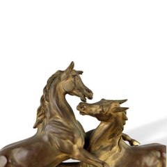 Bronze Doré Mantle Clock with Stallion and Mare Horses, French, circa 1880