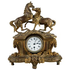 Antique Bronze Doré Mantle Clock with Stallion and Mare Horses, French, circa 1880