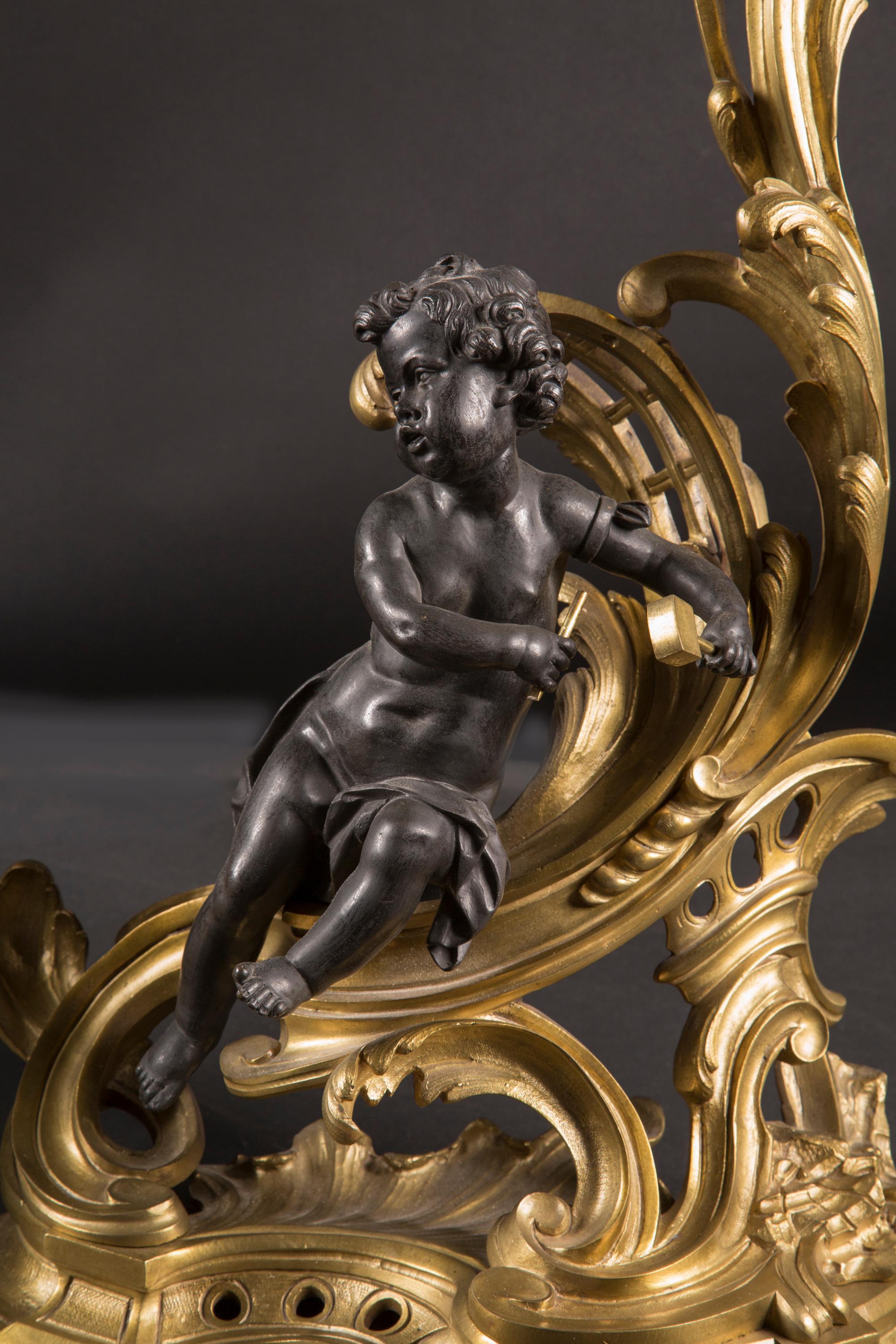 Bronze dOré & Patinated Bronze Louis XV Chenets (Andirons), 19th Century French  In Excellent Condition For Sale In New Orleans, LA