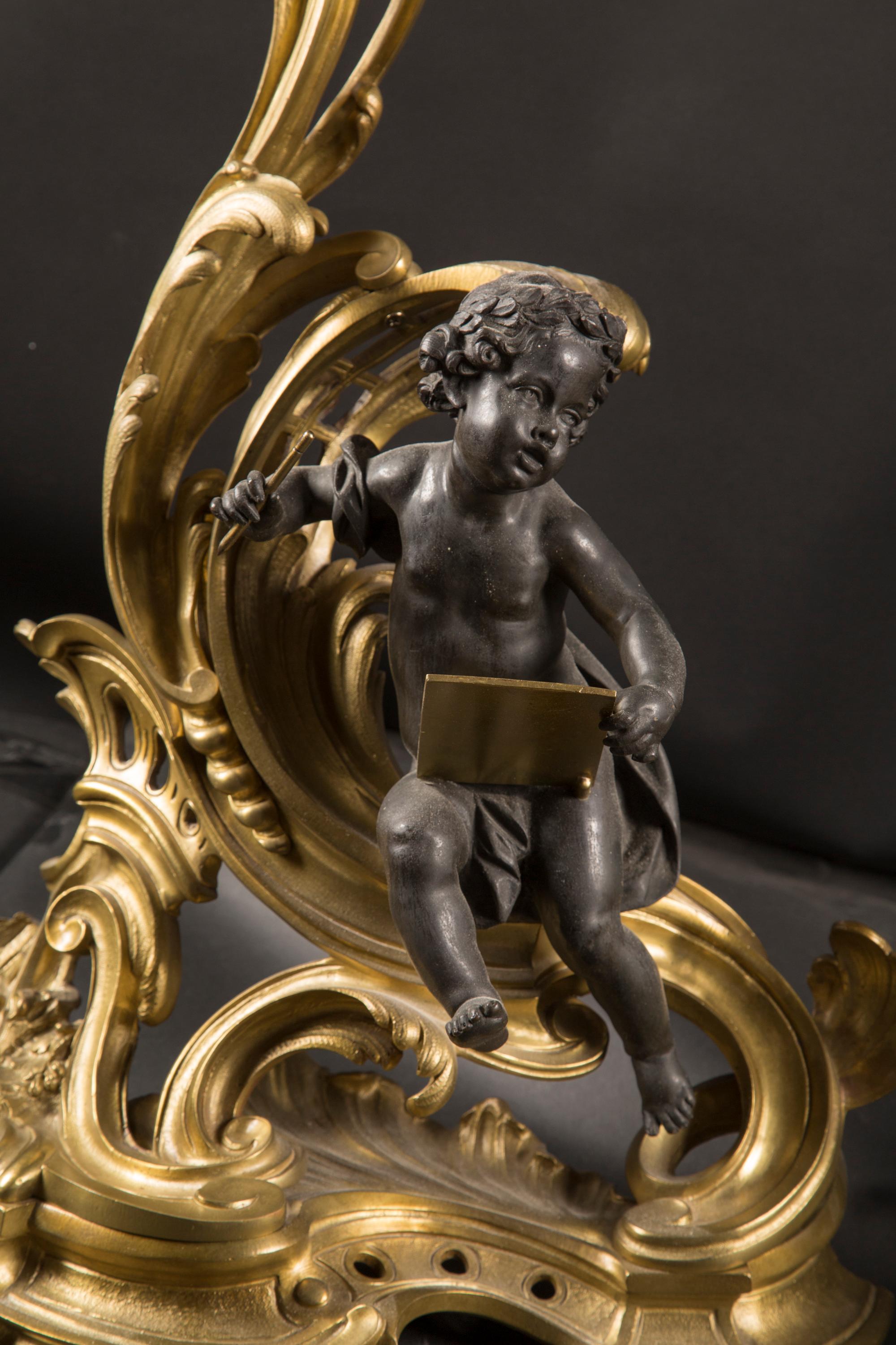 Gold Plate Bronze dOré & Patinated Bronze Louis XV Chenets (Andirons), 19th Century French  For Sale