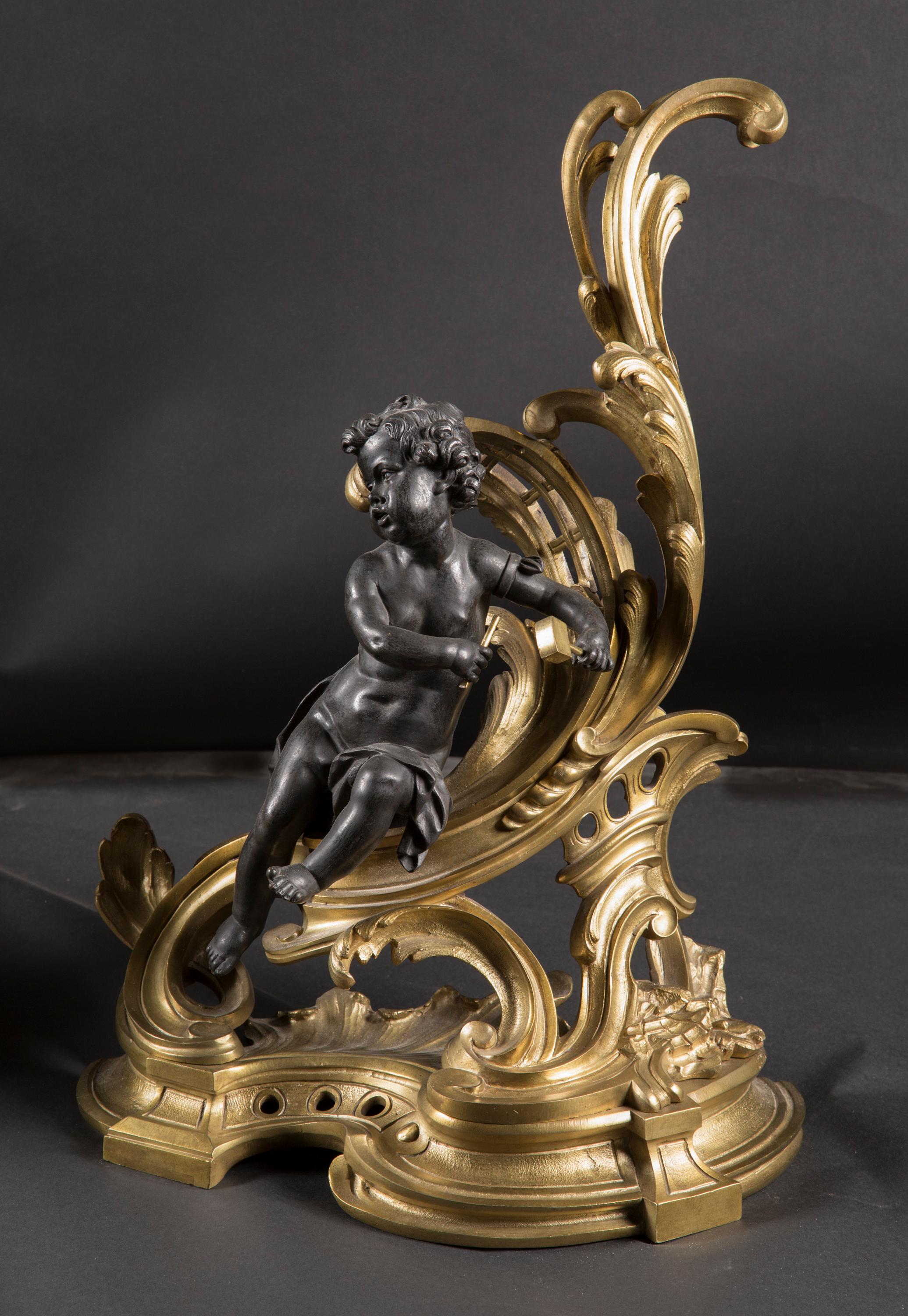 Bronze dOré & Patinated Bronze Louis XV Chenets (Andirons), 19th Century French  For Sale 2