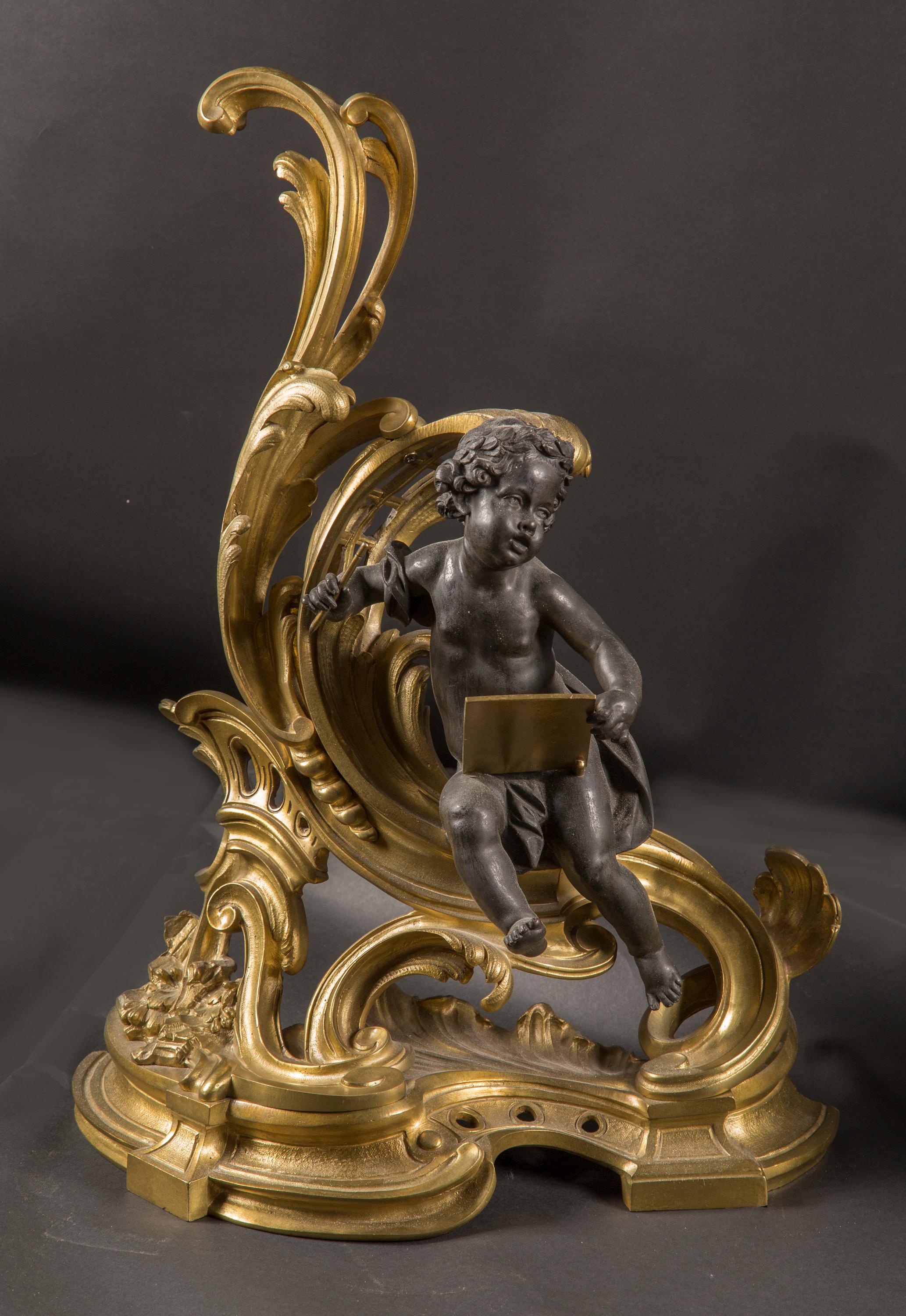Chenets en bronze doré et bronze patiné Louis XV, 19e siècle, France  en vente 1