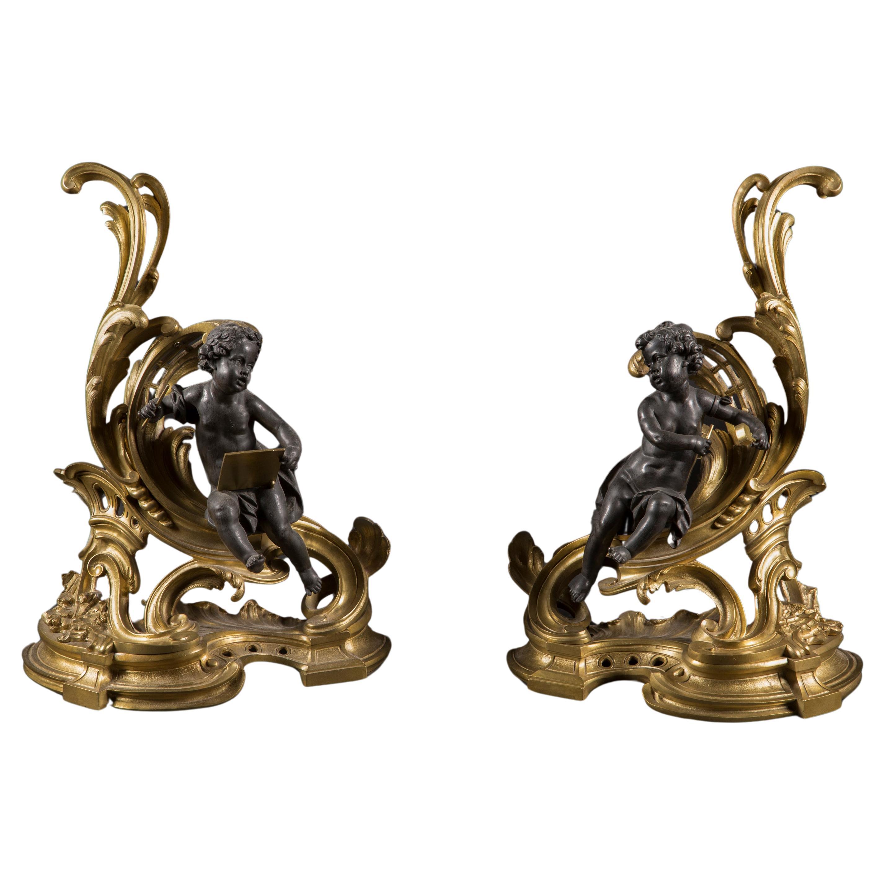 Chenets en bronze doré et bronze patiné Louis XV, 19e siècle, France 