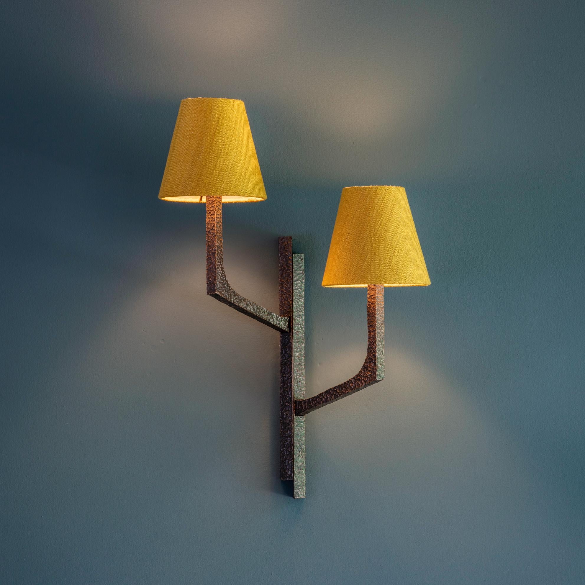 Bronze Double Arm Pedicel Wall Light with Dark Green Shades, Tigermoth ...