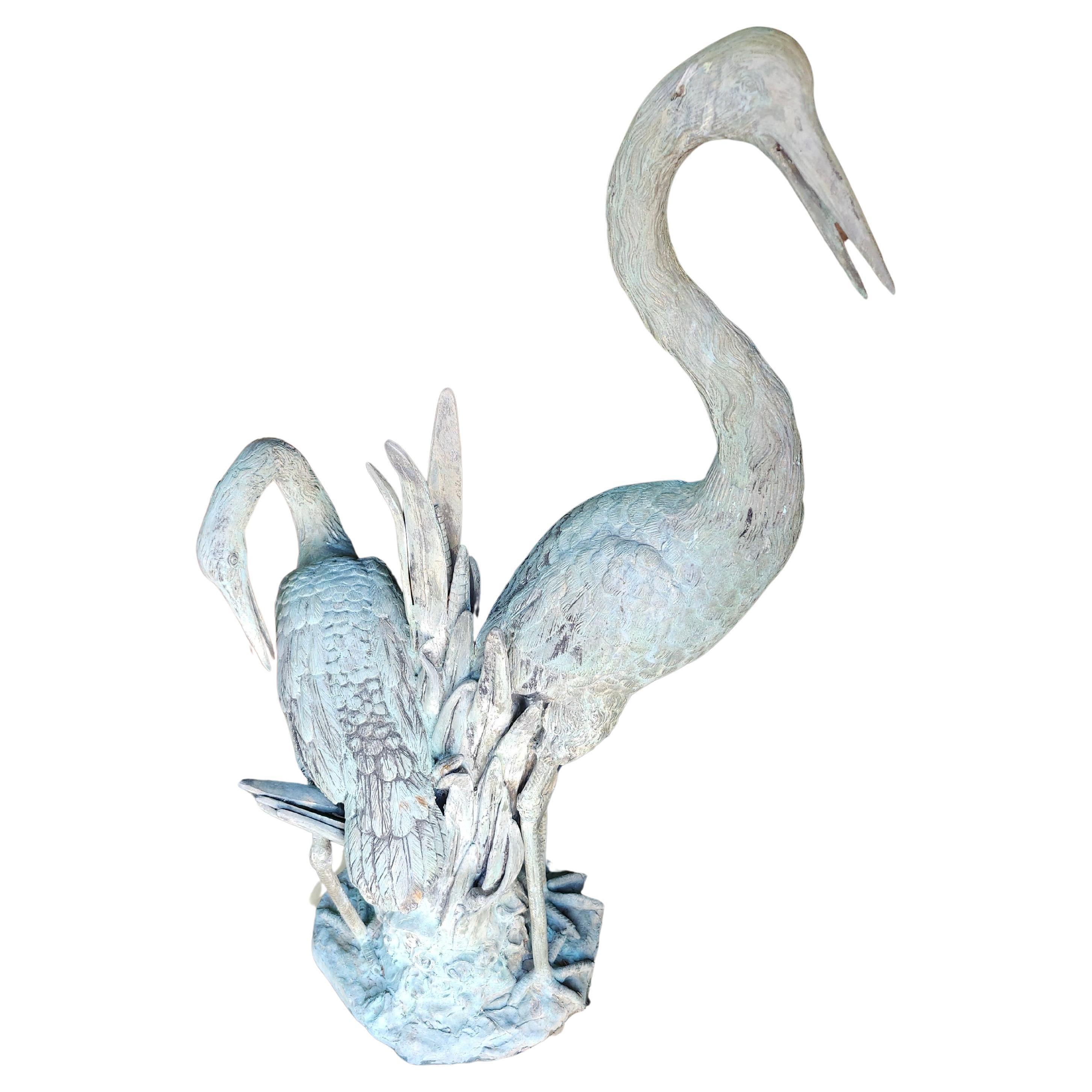 Bronze Double Bodied Garden Water Fountain with Heron & Egret C1980 en vente 4