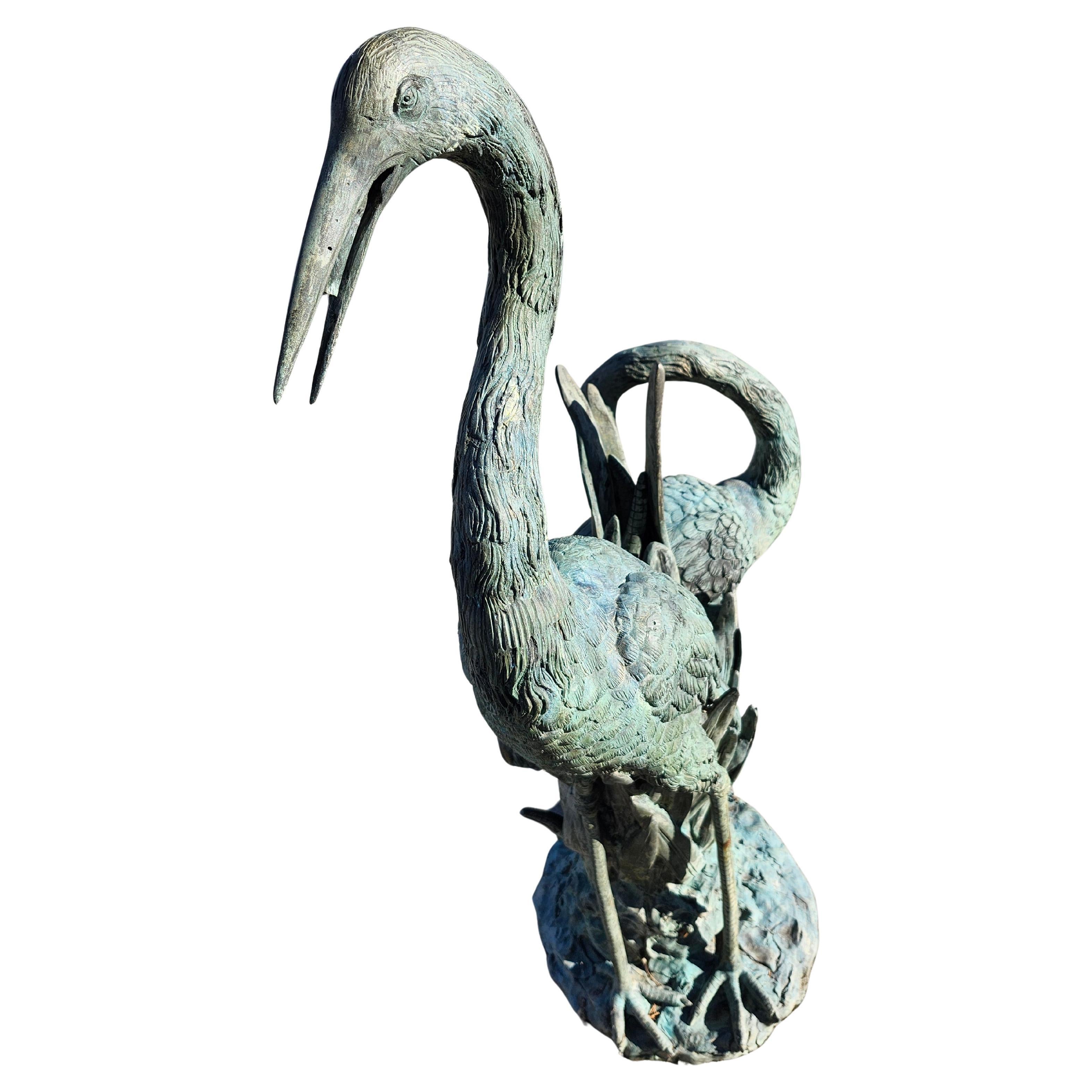 Bronze Double Bodied Garden Water Fountain with Heron & Egret C1980 en vente 5