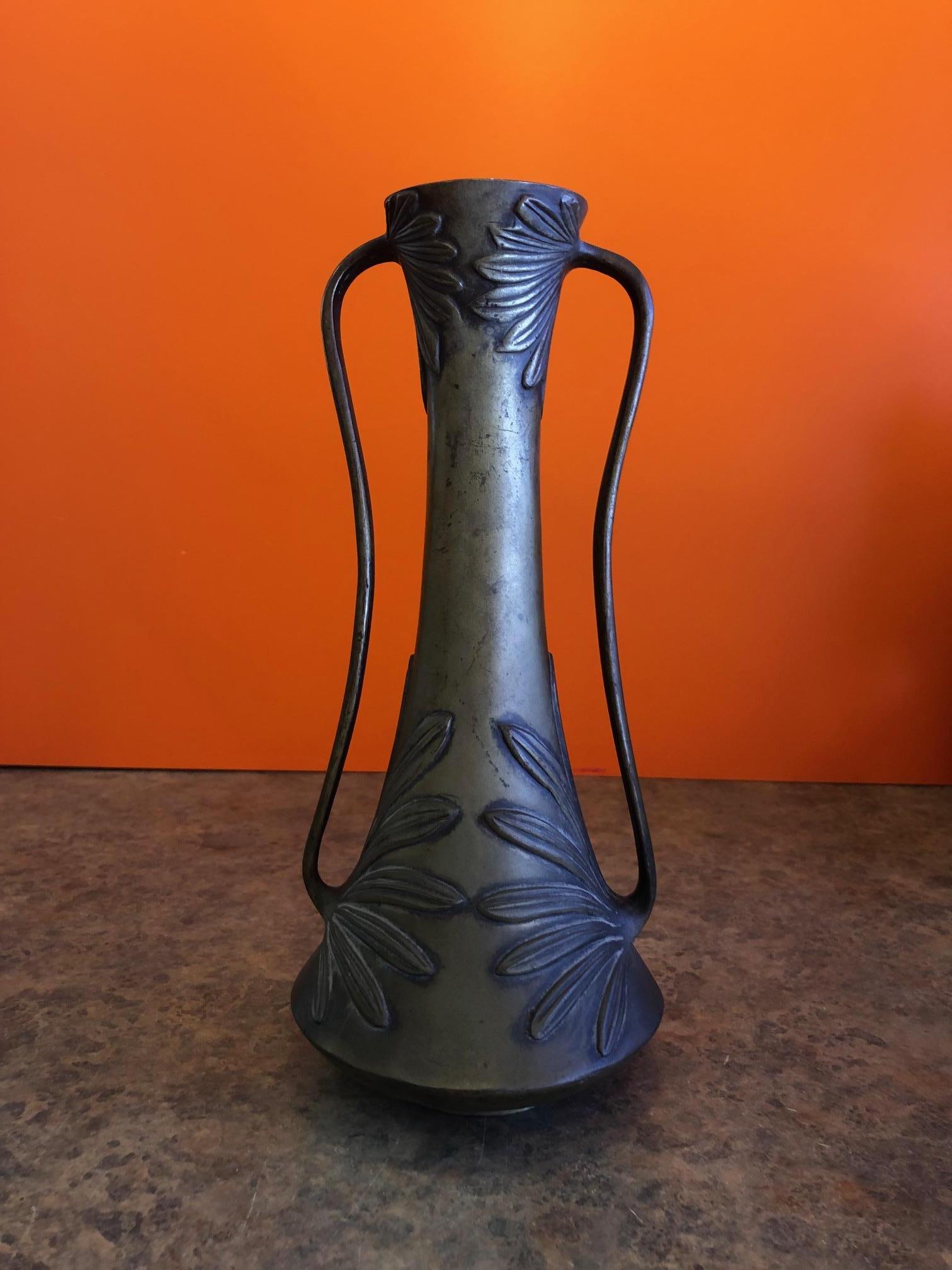 Bronze Double Handle Floral Relief Vase In Good Condition In San Diego, CA