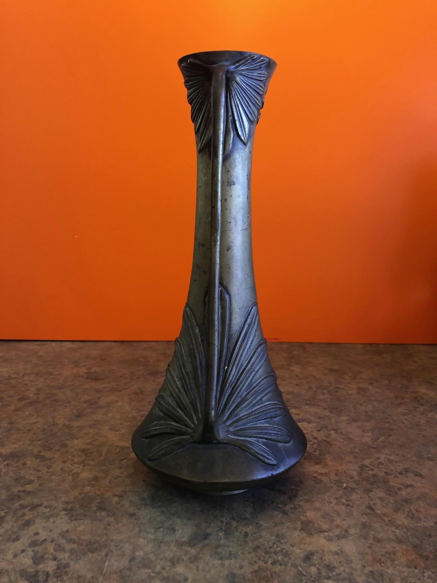 20th Century Bronze Double Handle Floral Relief Vase