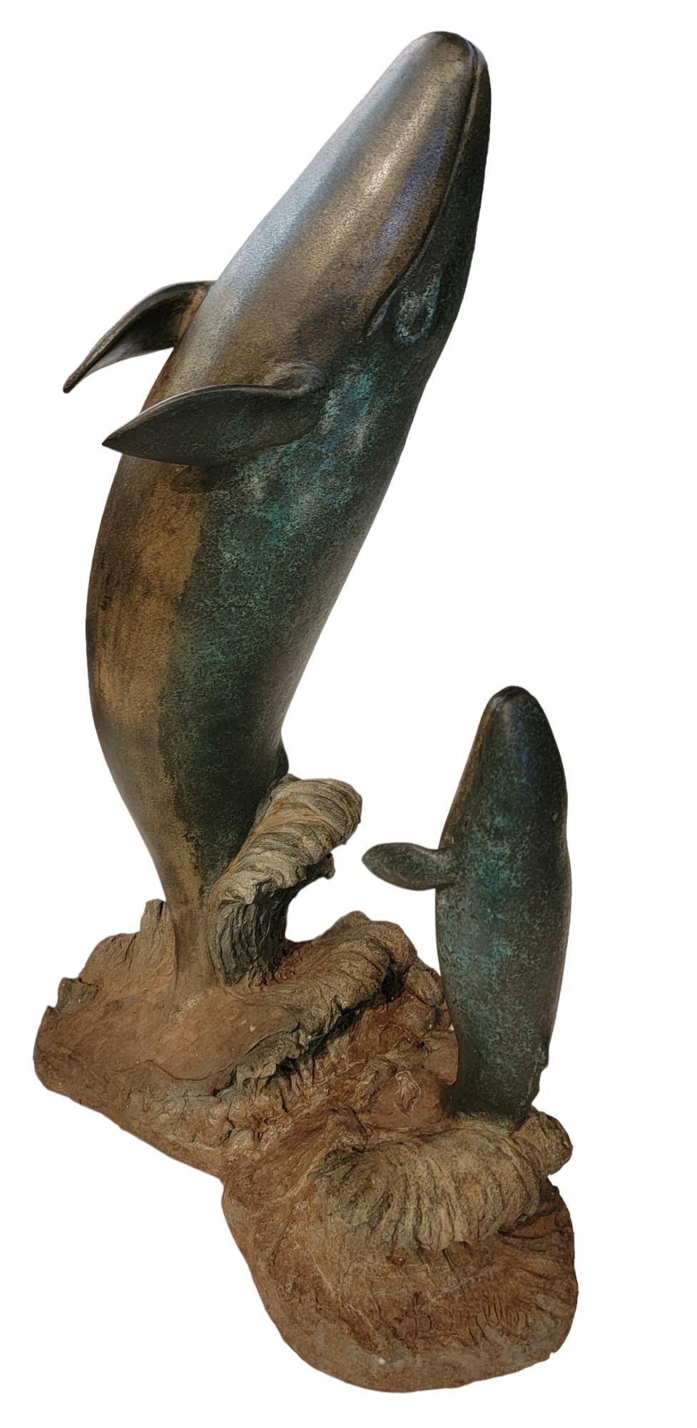 Modern Bronze Double Whale Statue Sculpture Signed For Sale