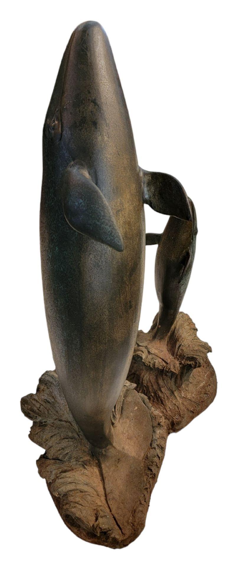 Bronze Double Whale Statue Sculpture Signed In Good Condition For Sale In Pasadena, CA