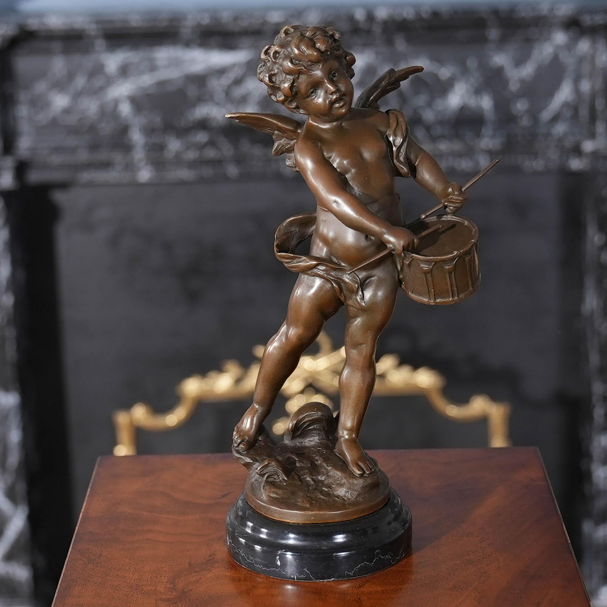 Hand-Crafted Bronze Drummer Cherub on Marble Base For Sale