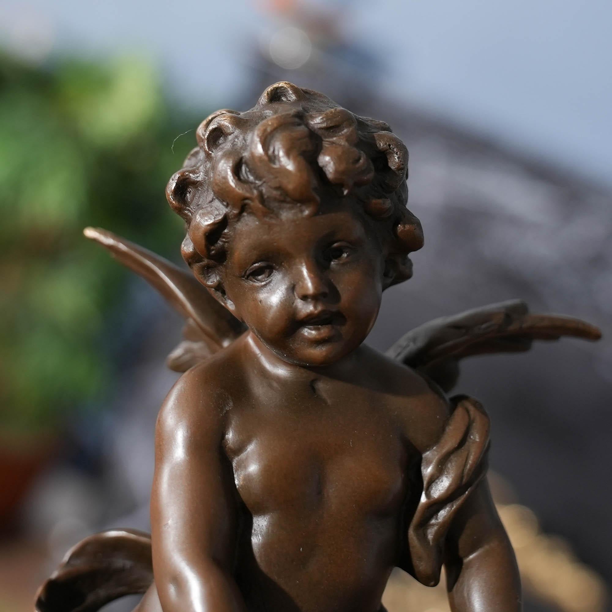 Bronze Drummer Cherub on Marble Base In New Condition For Sale In Annville, PA