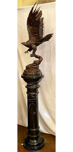 Bronze Eagle Sculpture on Dark Green Marble Pedestal