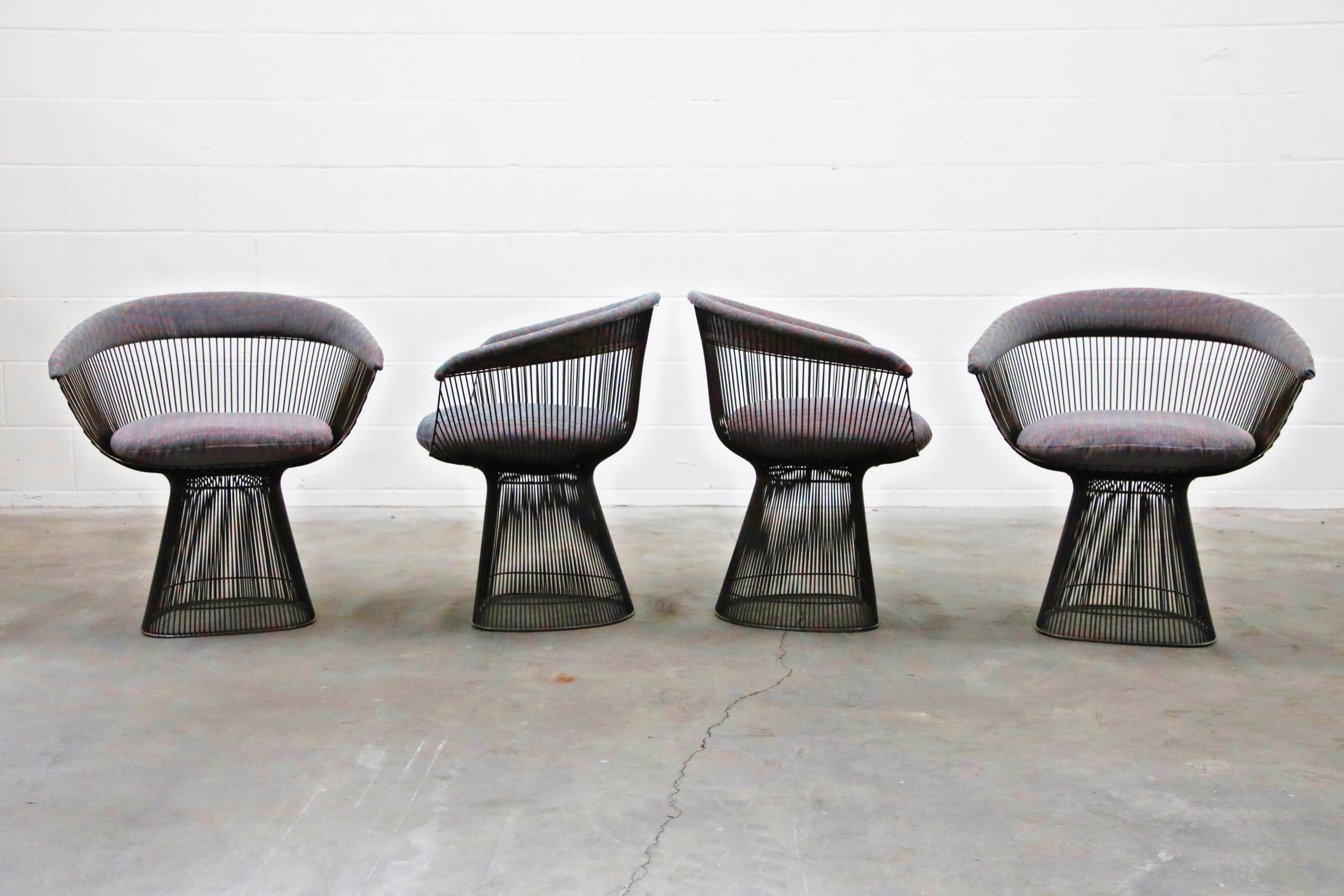 What sets this set of four (4) Warren Platner for Knoll International dining armchairs apart from others is that they are early production original solid bronze examples which are no longer in production (this set produced between 1968 and 1970) ,