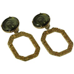 Bronze Earrings with carved and cut Green Murano glasses
