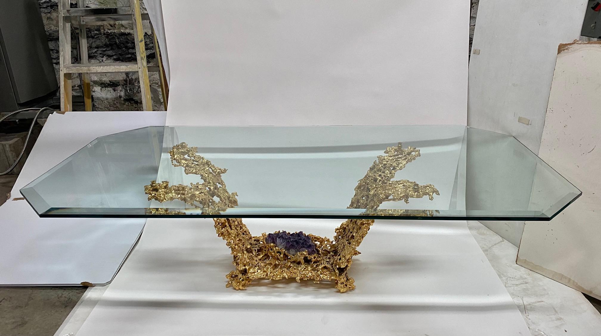 Bronze éclaté gilded bronze coffee table lamp by Claude Victor Boeltz inset with amethyst quartz.
Signed: 