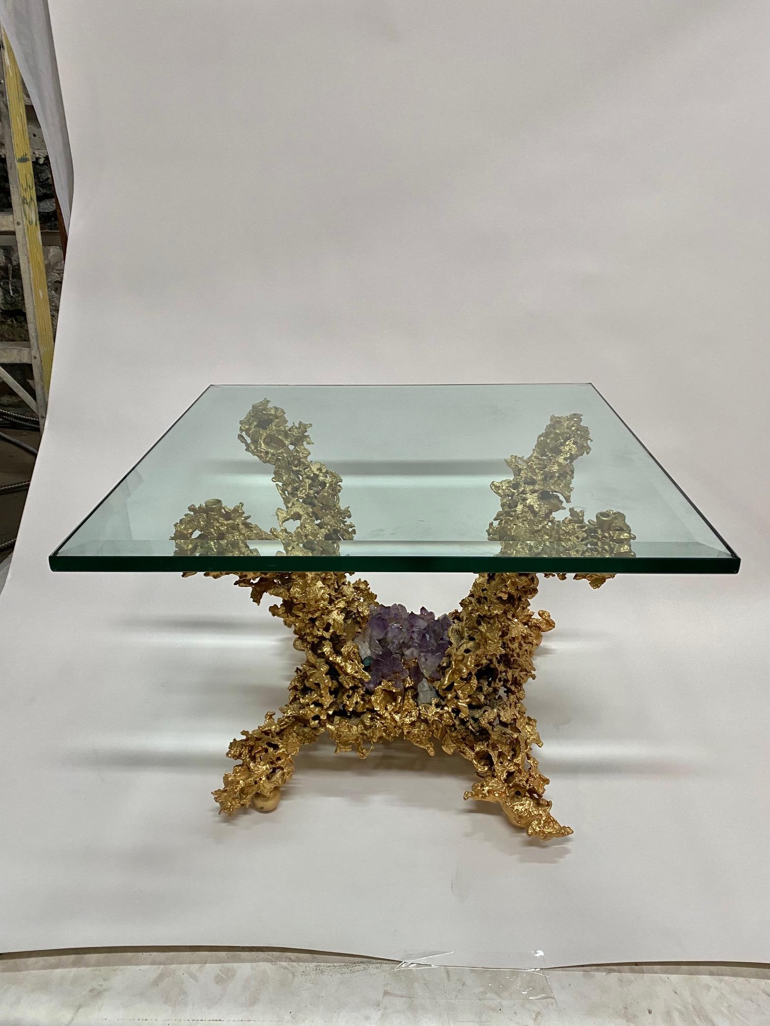Bronze éclaté gilded bronze side table by Claude Victor Boeltz inset with an amethyst geode in its center 
dimensions of the base is 18x17.5.



.