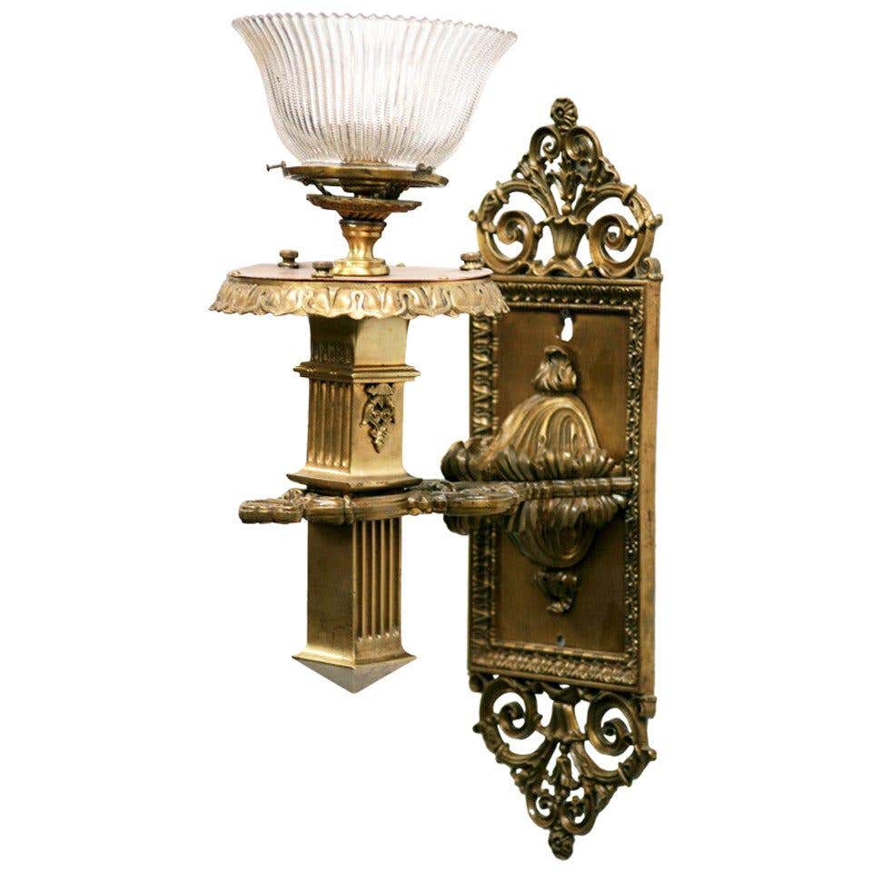 American Colonial Brass Converted Oil Lamp Wall Sconce For Sale at ...