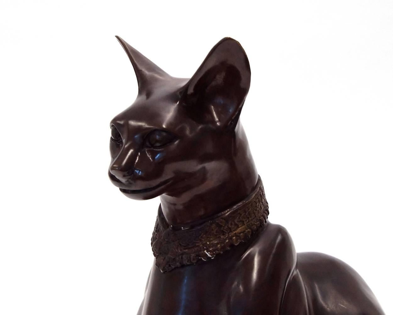 French Bronze Egyptian Cat Sculpture Signed A. Tiot For Sale