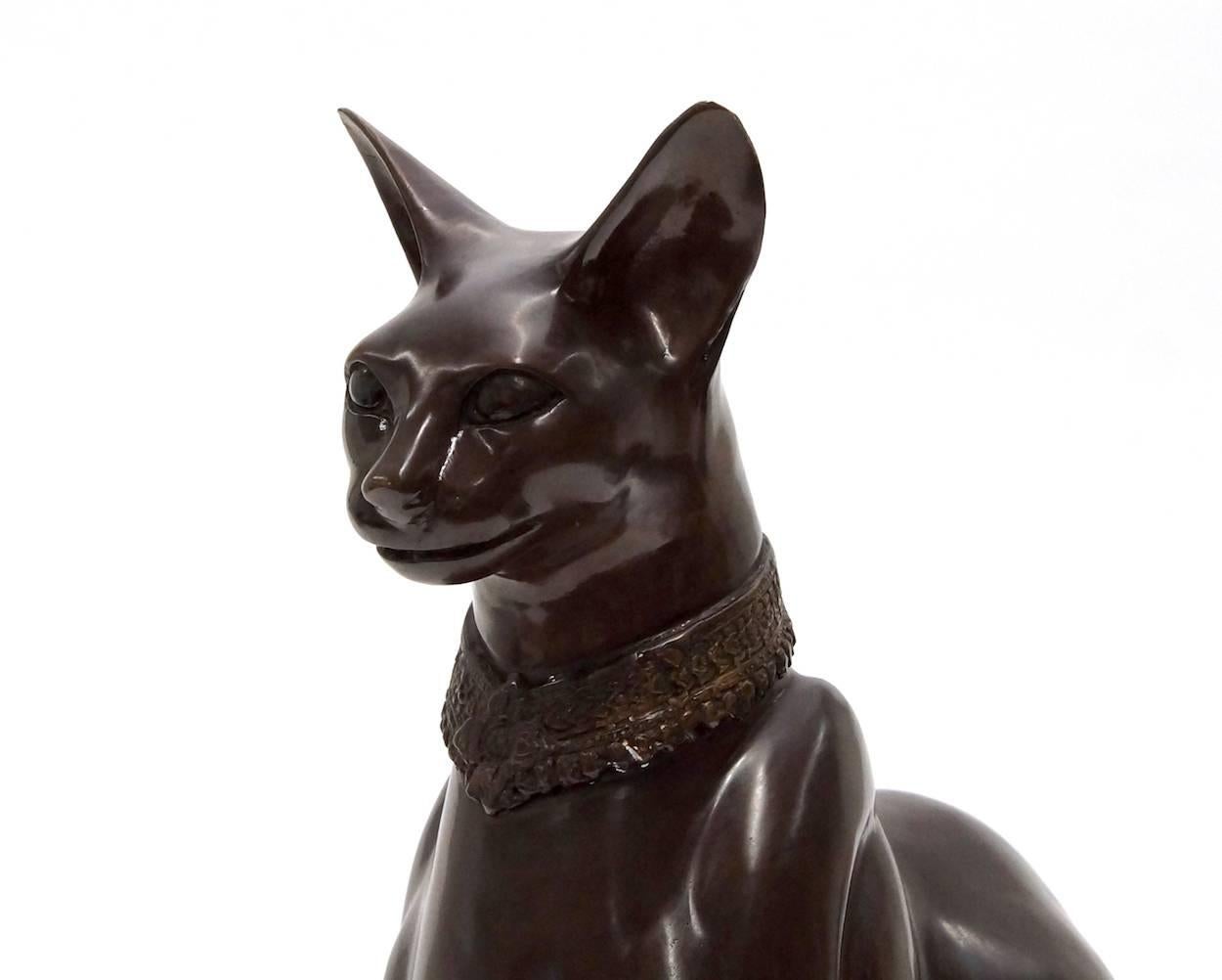 20th Century Bronze Egyptian Cat Sculpture Signed A. Tiot For Sale