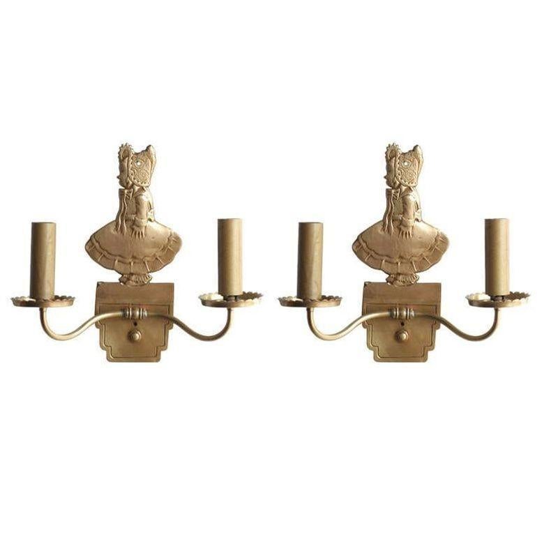 Mid-20th Century Bronze Electric Candelabra Wall Sconce with Girl in Bonnet, Pair For Sale
