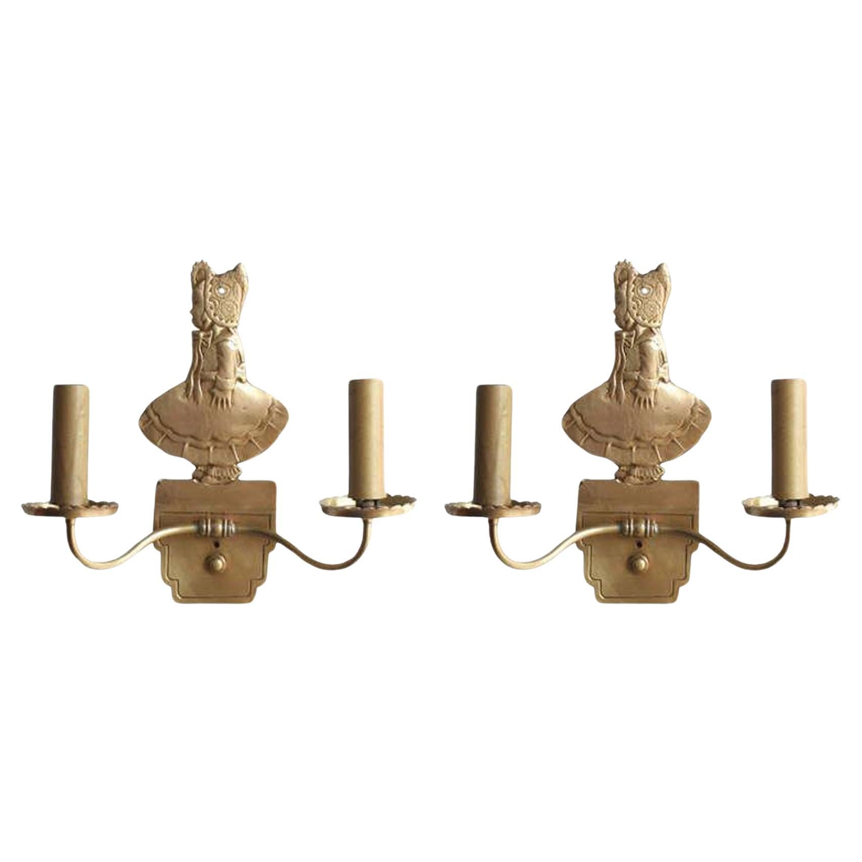 Bronze Electric Candelabra Wall Sconce with Girl in Bonnet, Pair For Sale