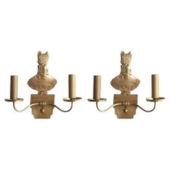 Used Bronze Electric Candelabra Wall Sconce with Girl in Bonnet, Pair