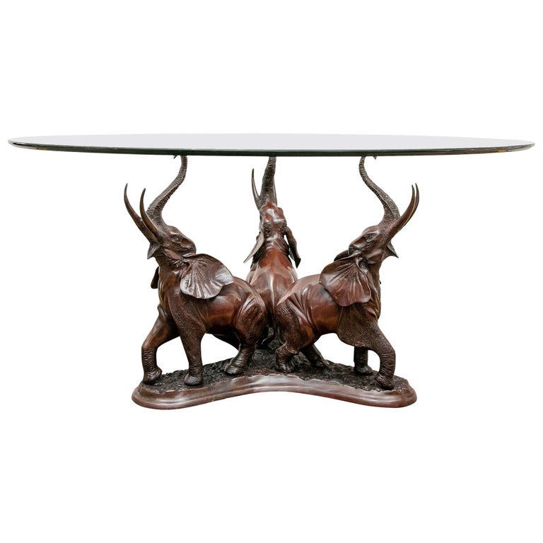 Bronze Elephant Form Glass Top Dining Table For Sale at 1stdibs