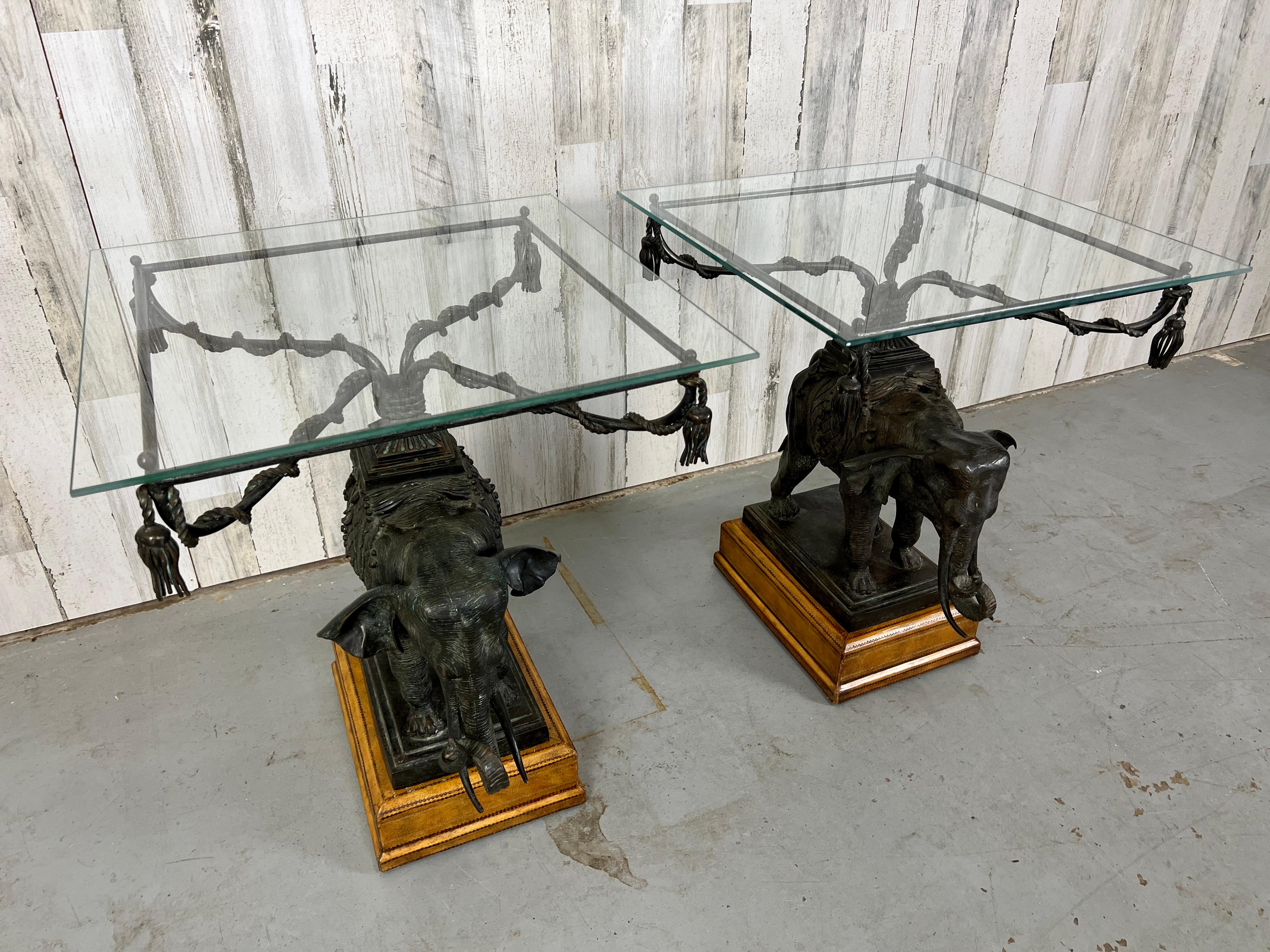 Bronze Elephant Mounted on Leather Base Side Table In Good Condition In Denton, TX