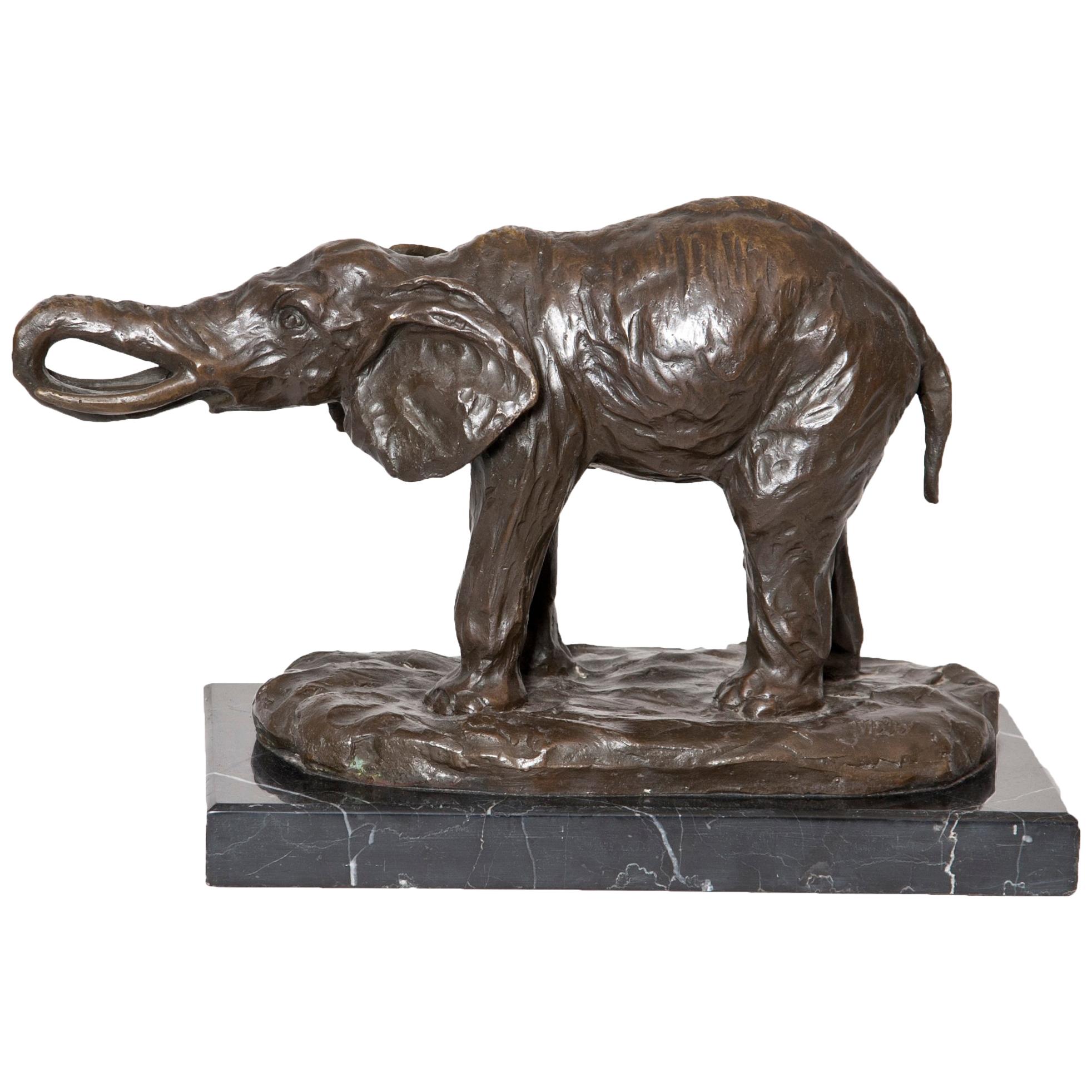 Bronze Elephant on Marble Base, Signed by Milo