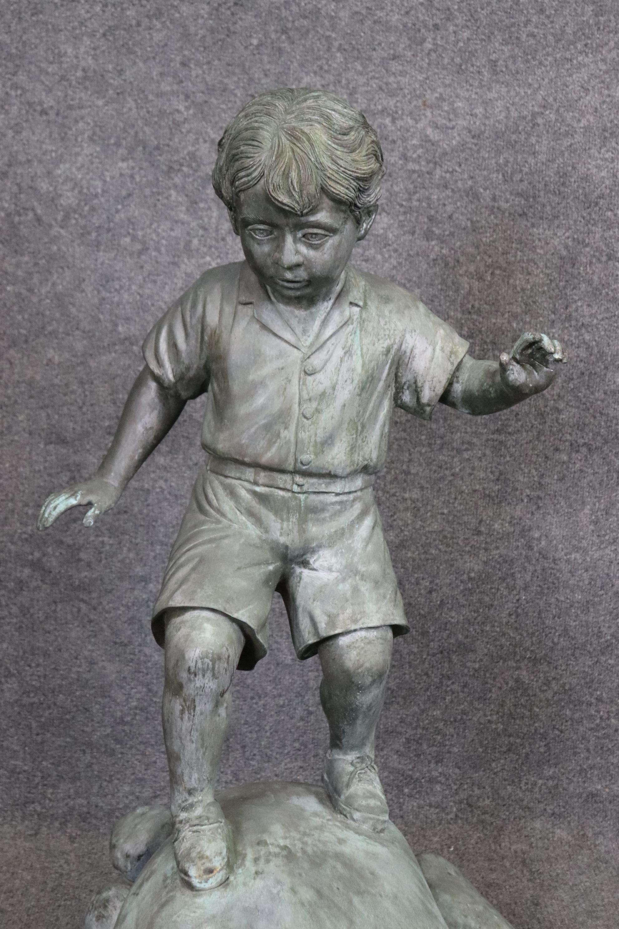 Bronze Elite by Henre in Verdi Gris Outdoor Statue of a Young Boy on a Rock For Sale 2