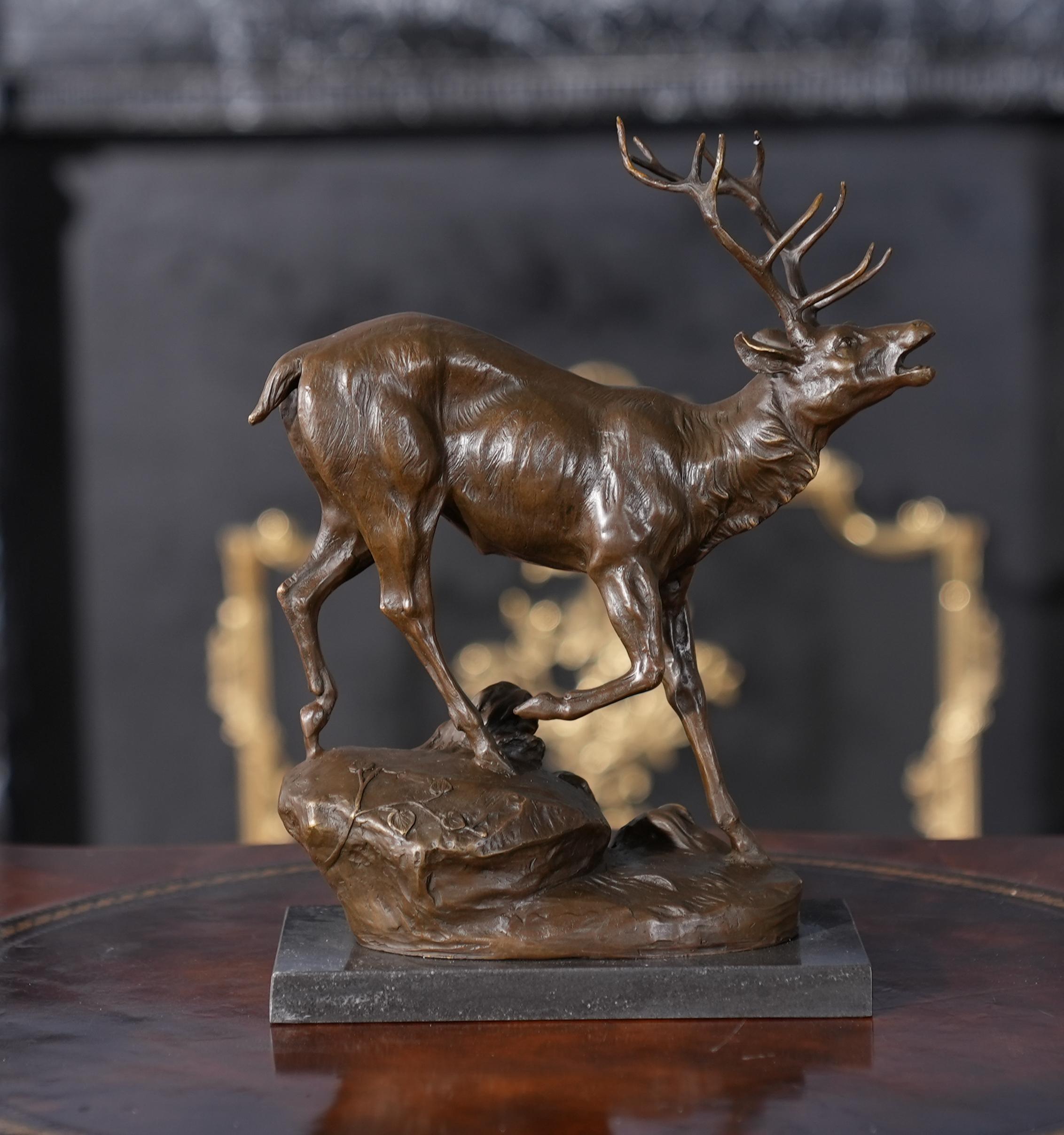 Graceful even when standing still the Bronze Elk on Marble Base is a striking addition to any setting. Using traditional lost wax casting methods the Bronze Elk statue is created in pieces and then joined together with brazing and hand chaised