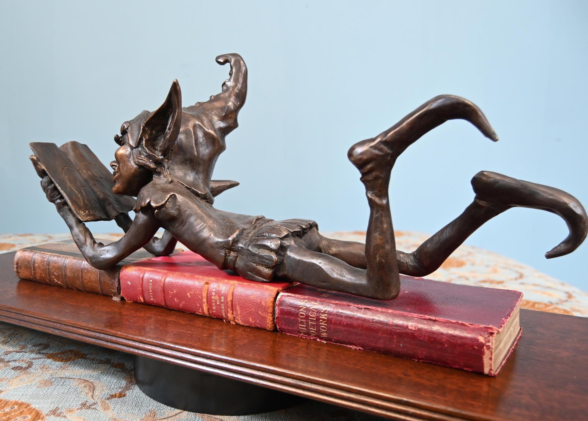 Bronzed Bronze Elph Statue Reading Pixie Casting Celtic Fairy For Sale