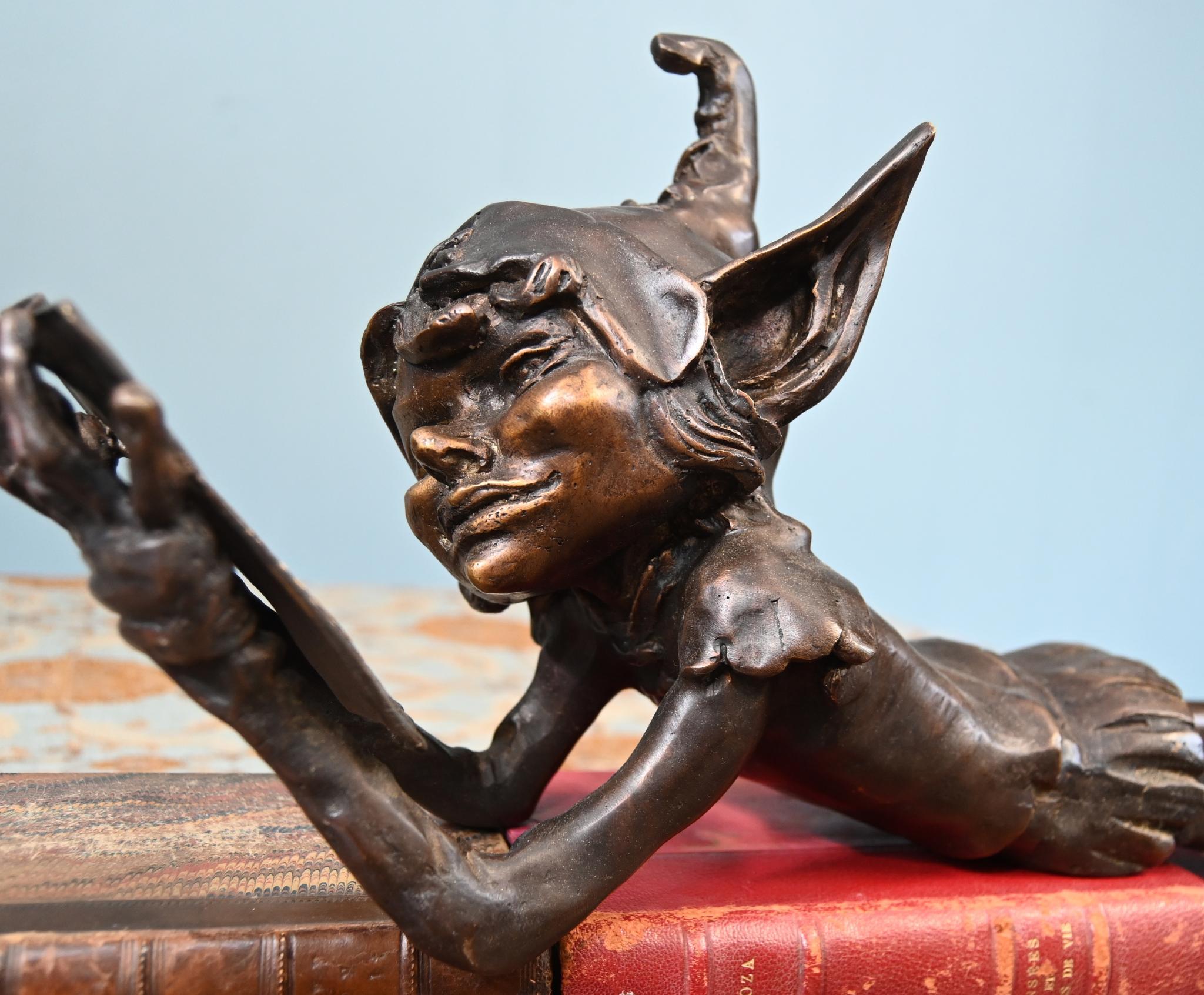 Bronze Elph Statue Reading Pixie Casting Celtic Fairy For Sale 3