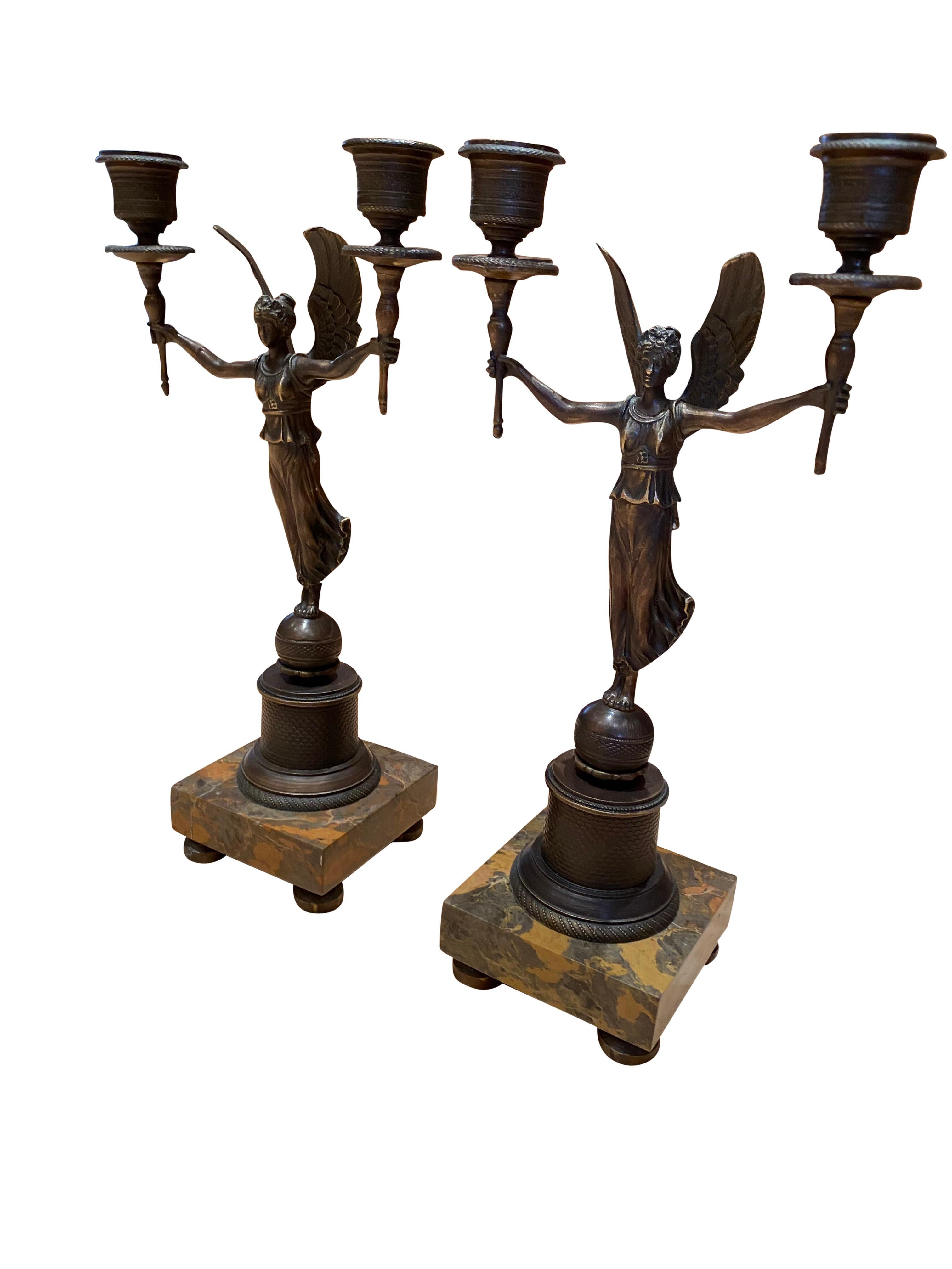 French Bronze Empire Maiden Candelabras Candlesticks Marble, 20th Century For Sale