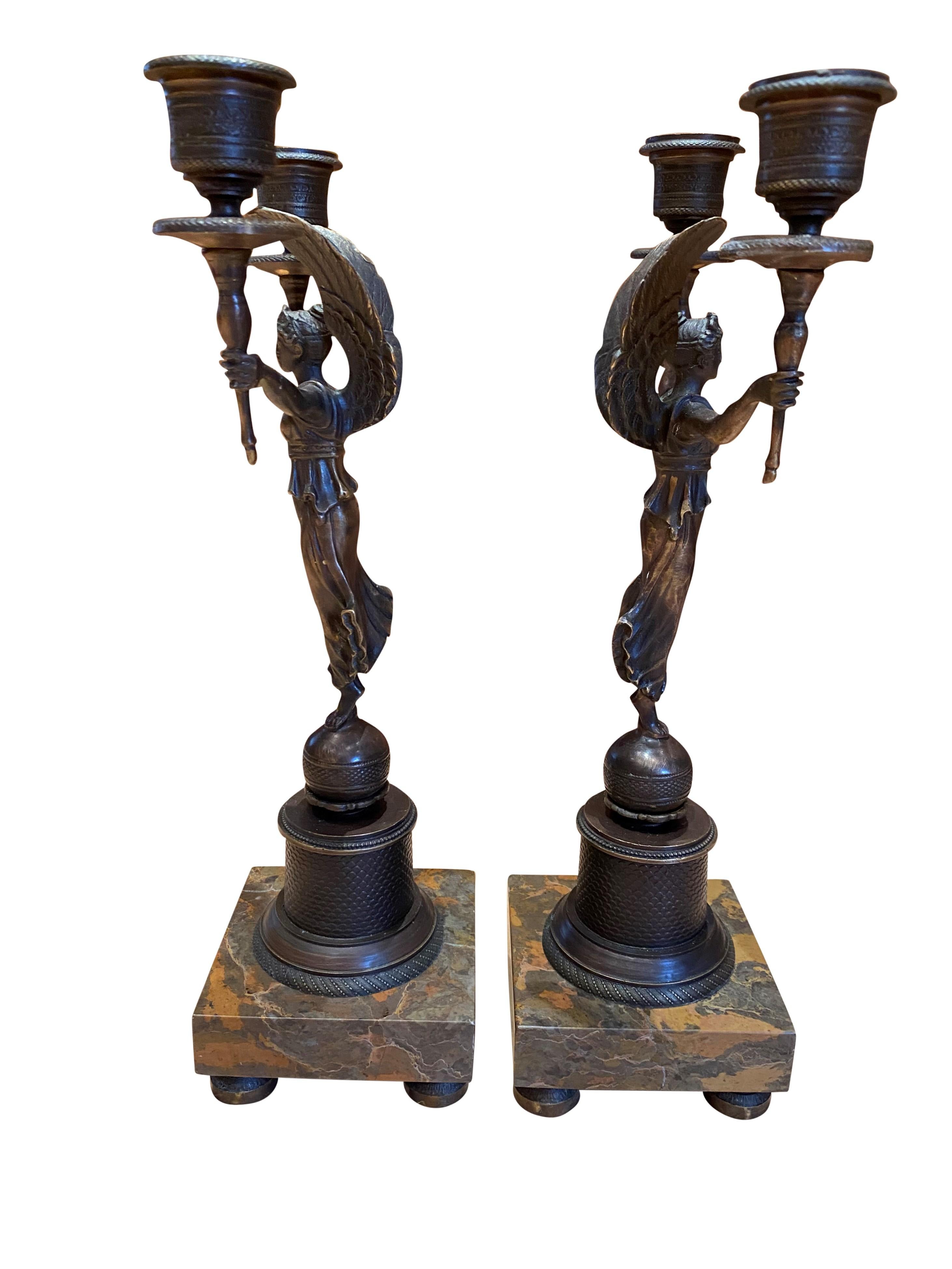 Bronze Empire Maiden Candelabras Candlesticks Marble, 20th Century In Excellent Condition For Sale In London, GB