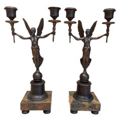 Bronze Empire Maiden Candelabras Candlesticks Marble, 20th Century