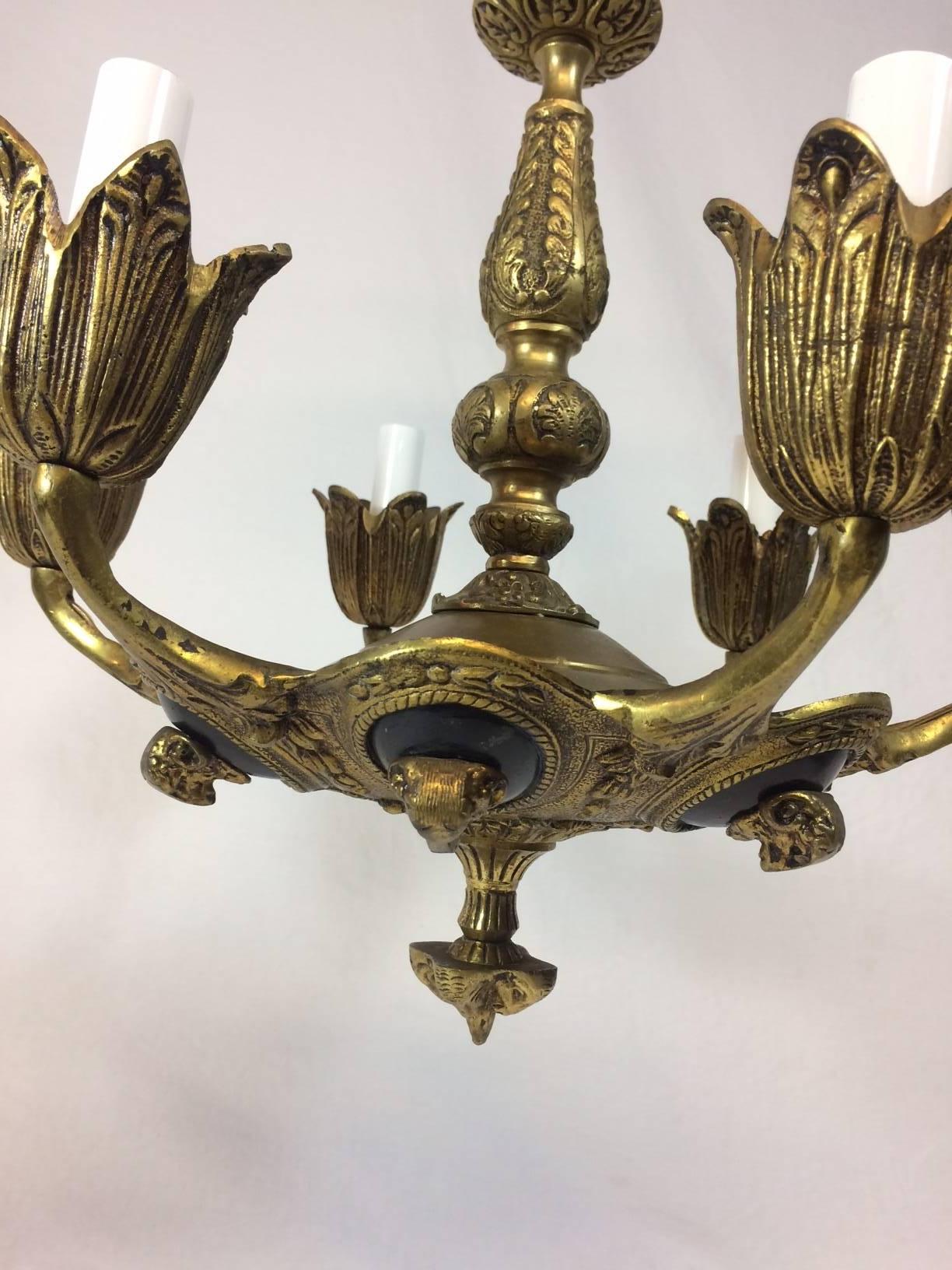 Cast Bronze Empire Style Ram's Head Chandelier For Sale