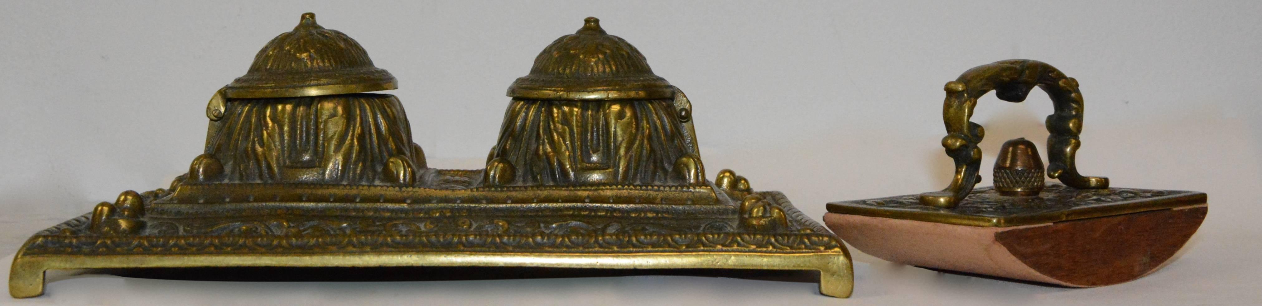 Victorian Bronze English Inkwell Set with Rocking Blotter For Sale