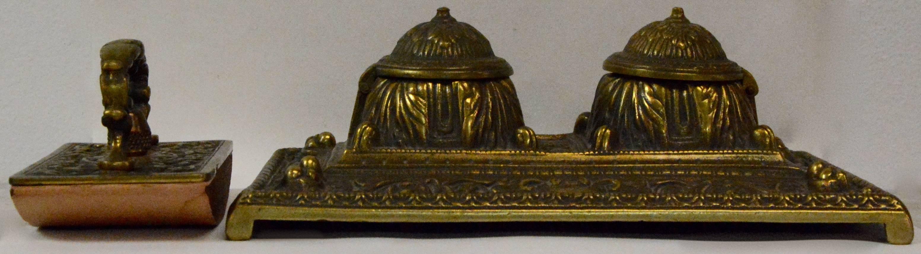 Glazed Bronze English Inkwell Set with Rocking Blotter For Sale